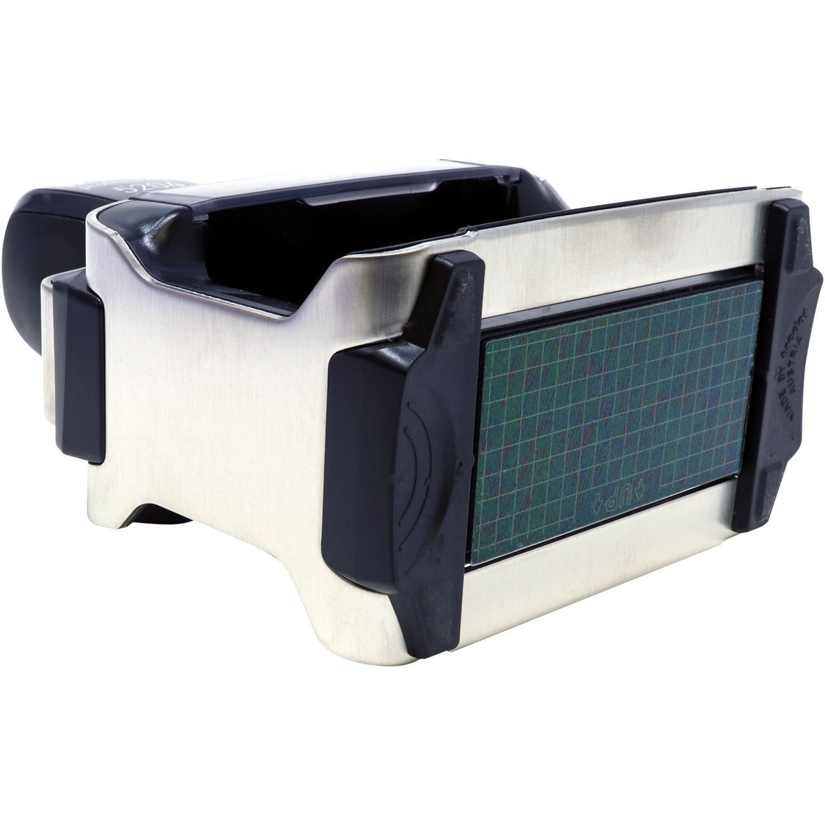 Stainless steel manual knife sharpener with black non-slip grips on a white background