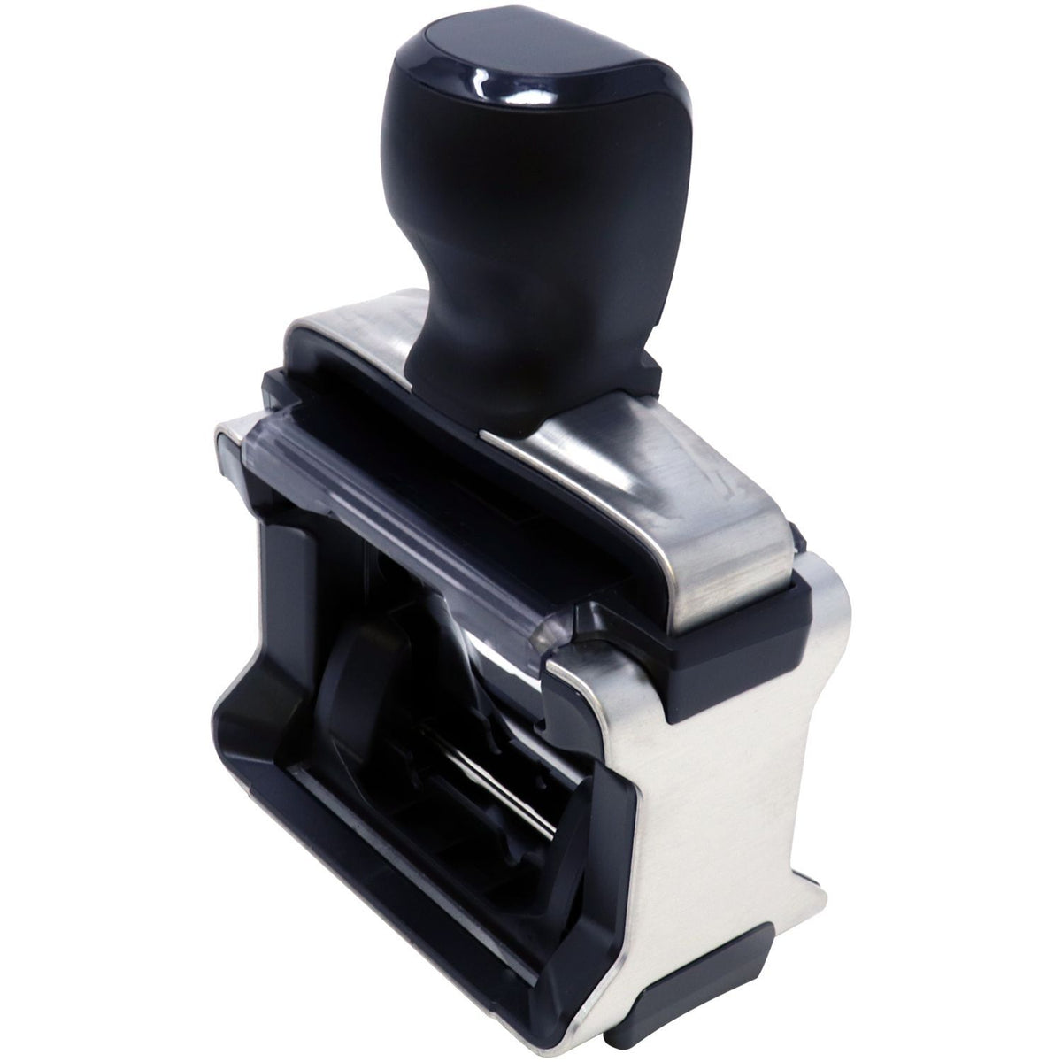 Black and silver self-inking rubber stamp with ergonomic handle on white background