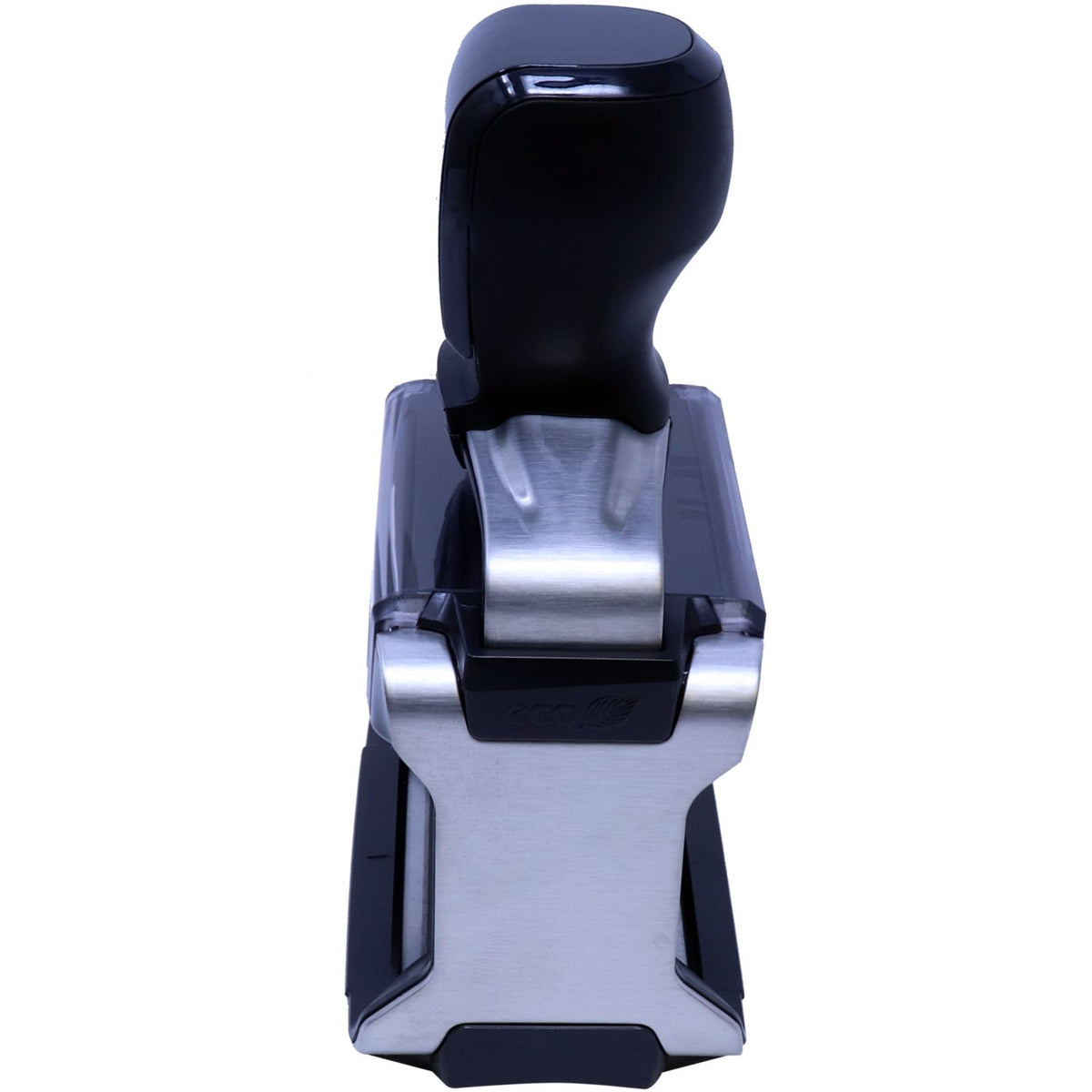 Sleek black and silver handheld metal stamp or embosser tool on a white background