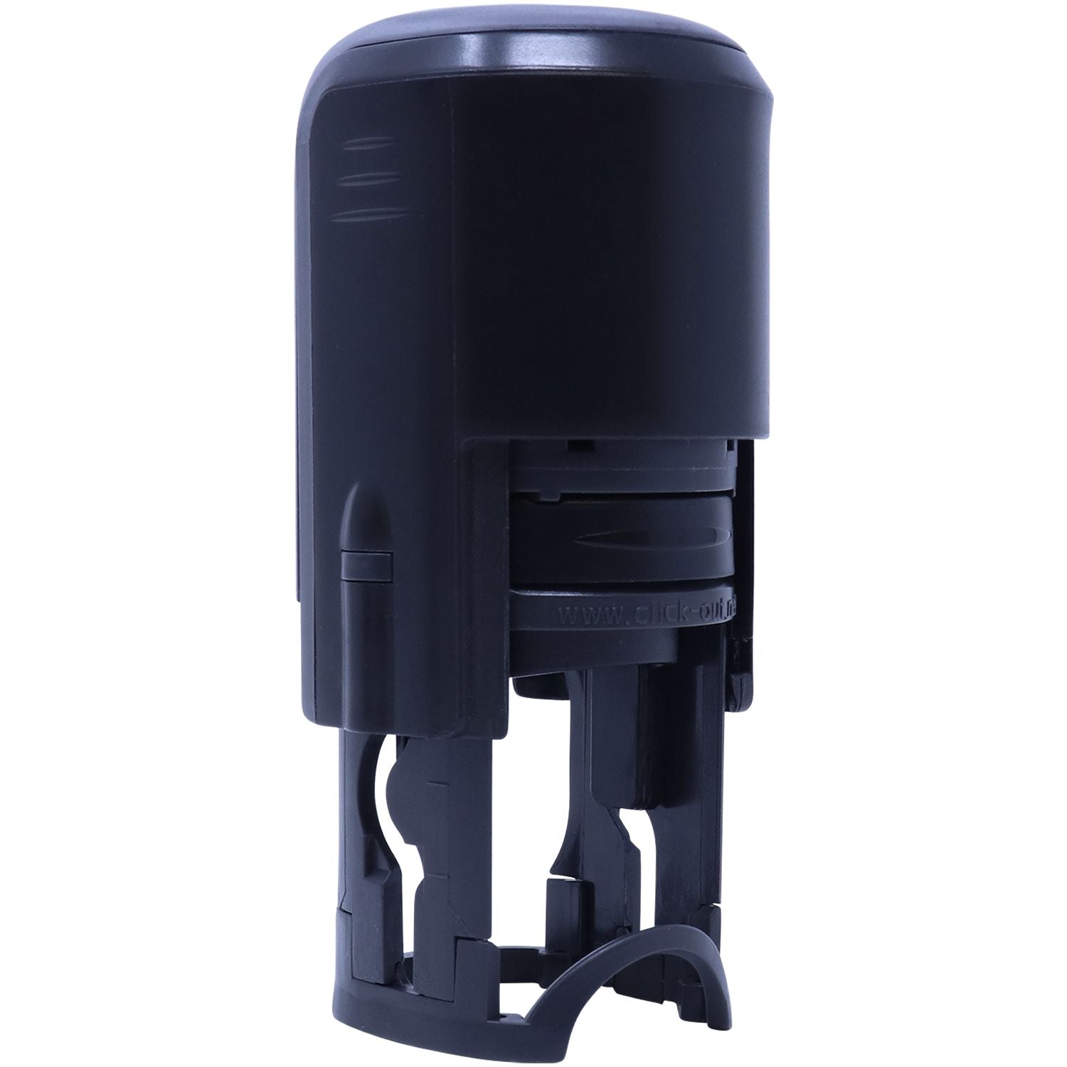 Black self-inking rubber stamp with durable plastic casing and ergonomic design