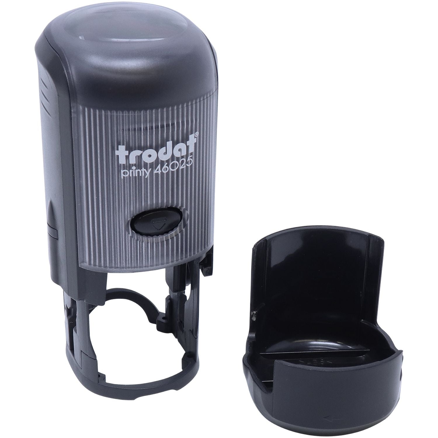 Trodat Printy 46025 self-inking stamp with black replacement cap isolated on white background