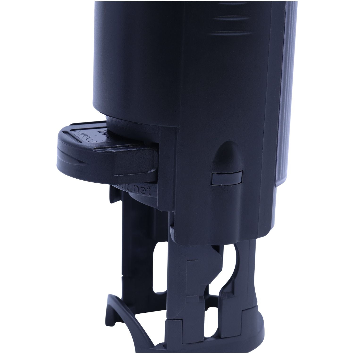 Close-up of a black plastic bottle holder with locking clip and mounting base on a white background.