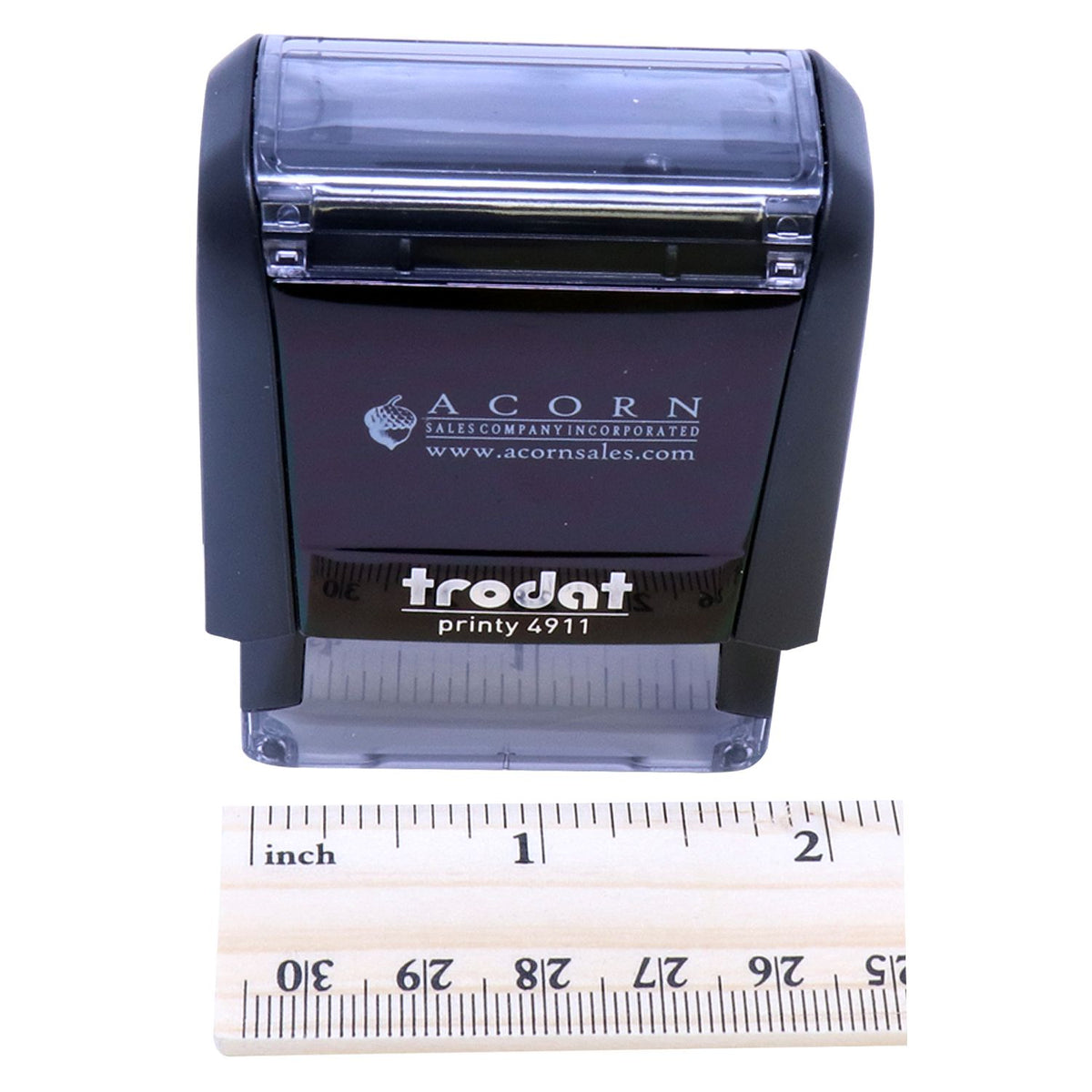 Trodat Printy 4911 self-inking rubber stamp with Acorn Sales branding, shown with ruler for size comparison.