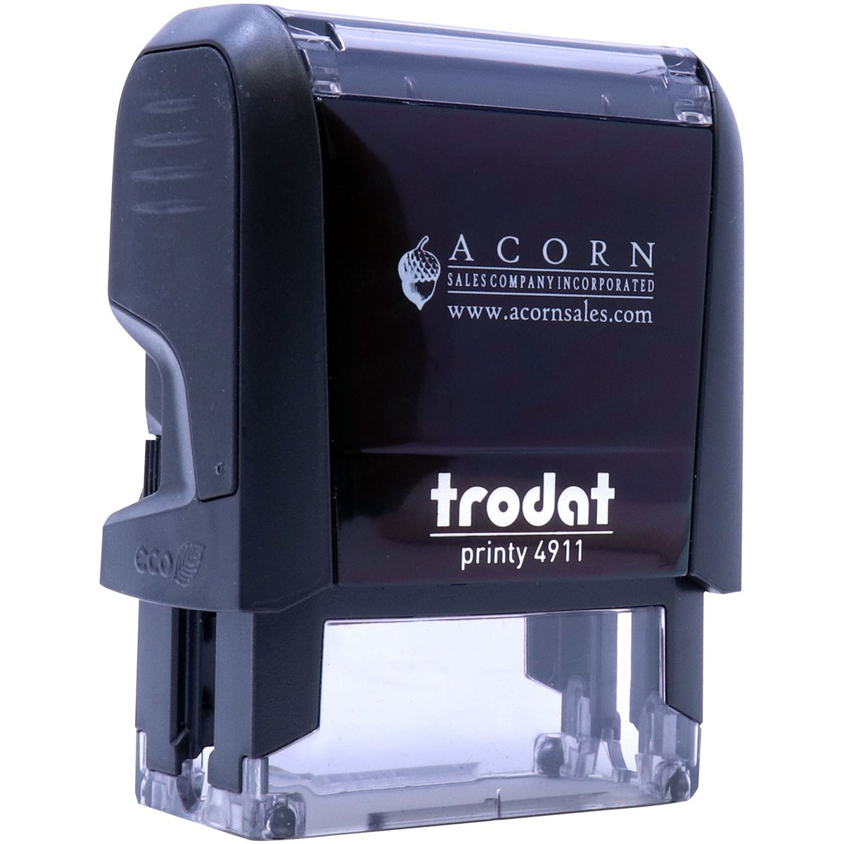 Trodat Printy 4911 self-inking rubber stamp by Acorn Sales, black office stamp with transparent base