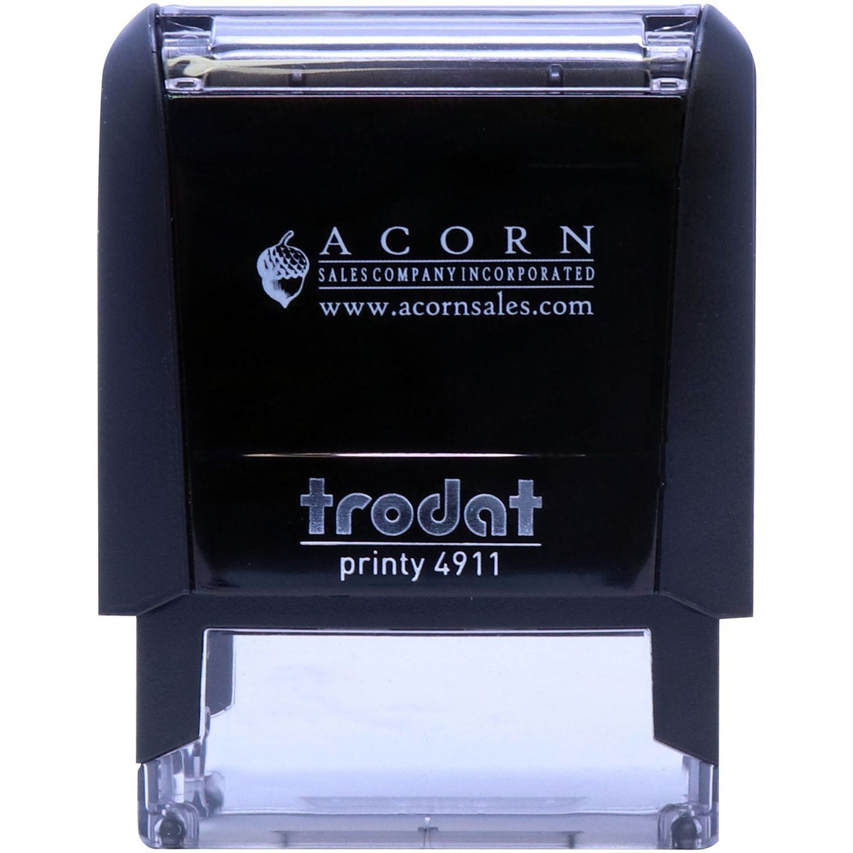 Black Trodat Printy 4911 self-inking stamp with Acorn Sales Company Incorporated logo and custom imprint text.