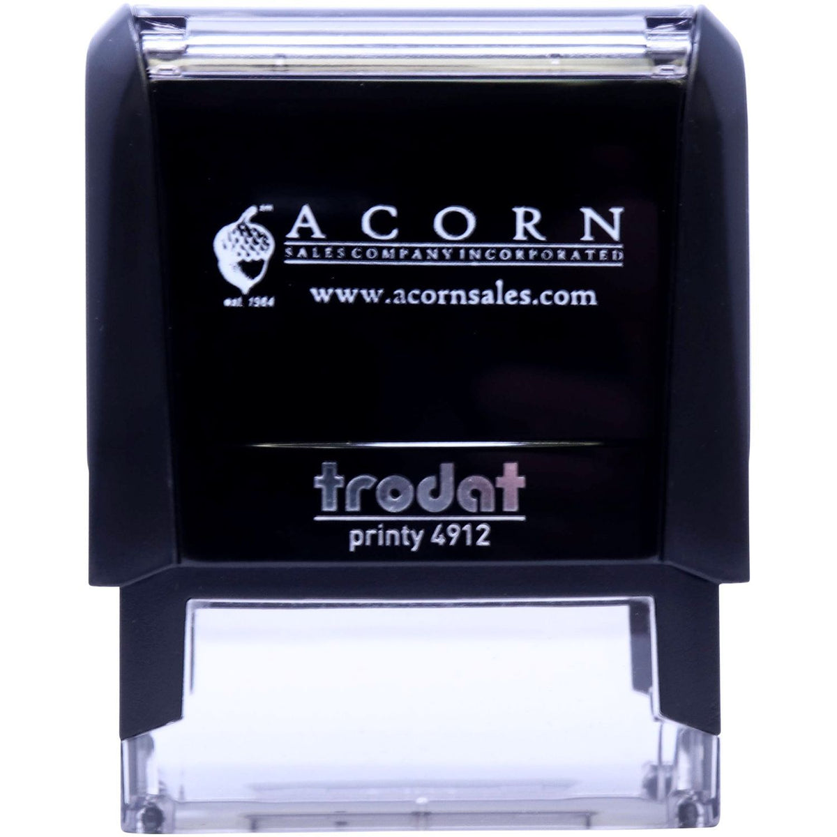 Trodat Printy 4912 self-inking stamp with Acorn Sales Company Incorporated logo and website URL