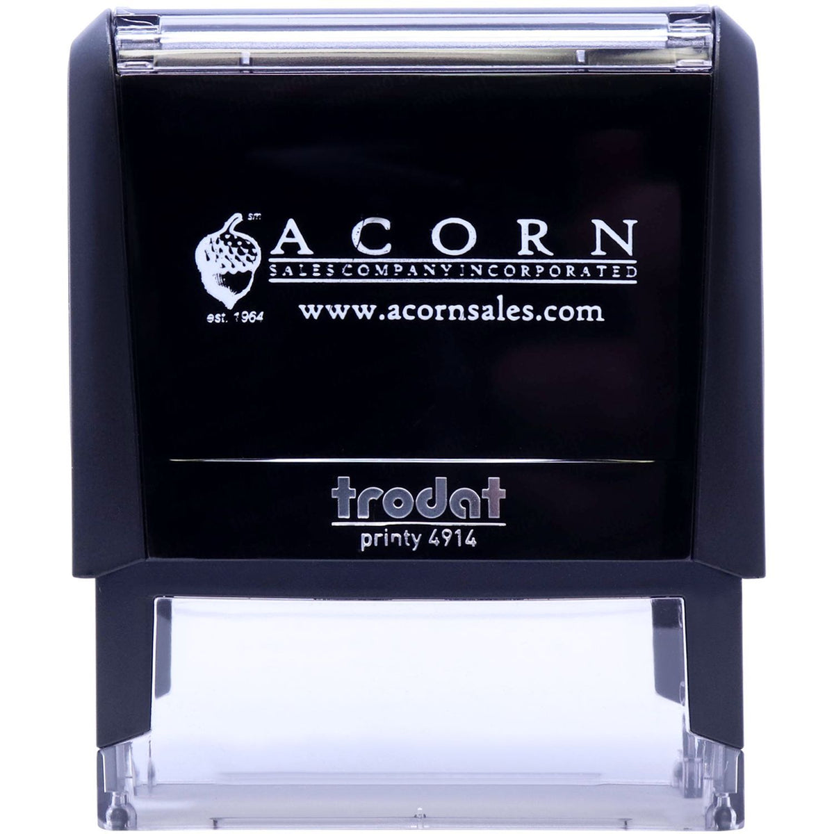 Black Trodat Printy 4914 self-inking custom stamp with Acorn Sales Company logo and website imprint