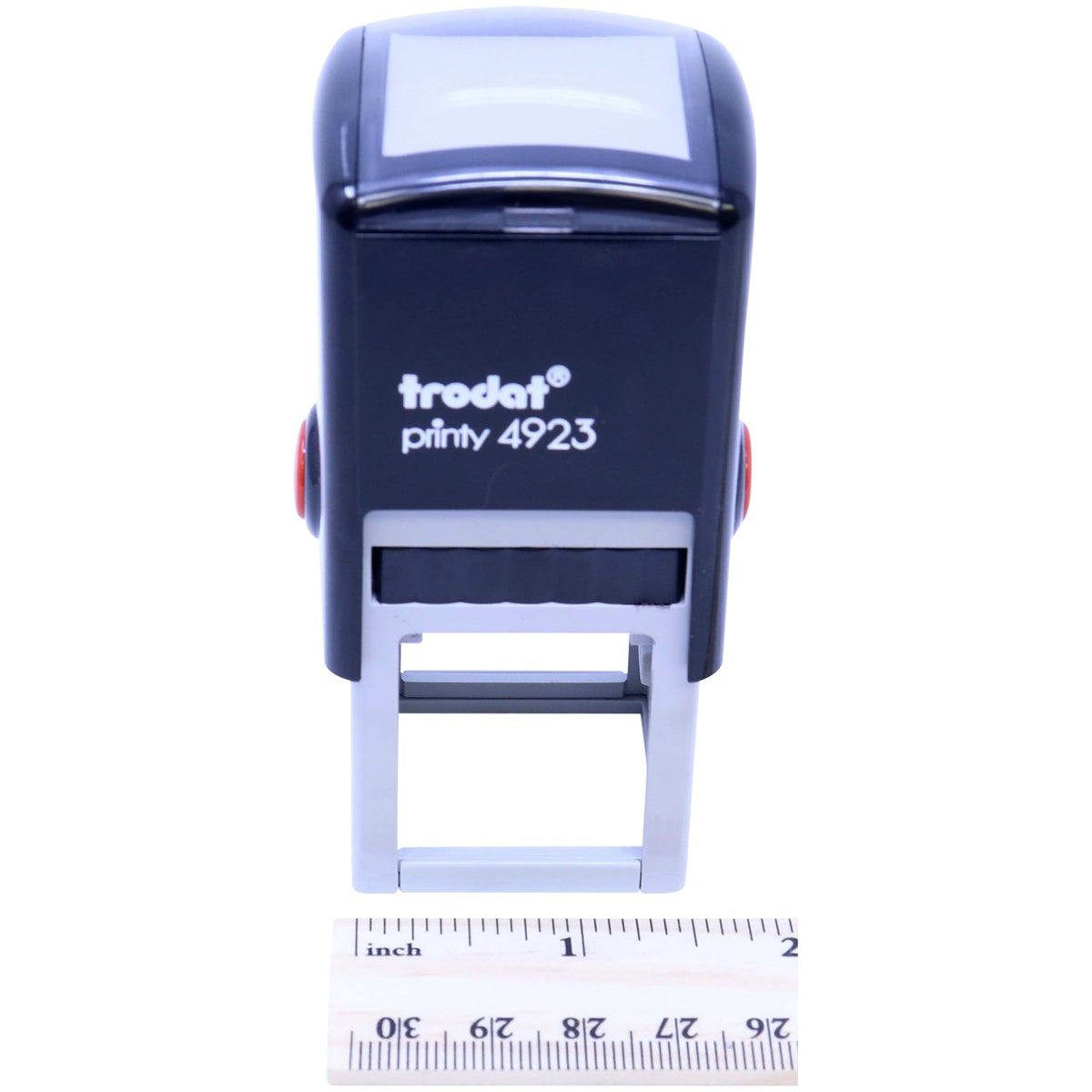 Trodat Printy 4923 self-inking stamp with size ruler on white background