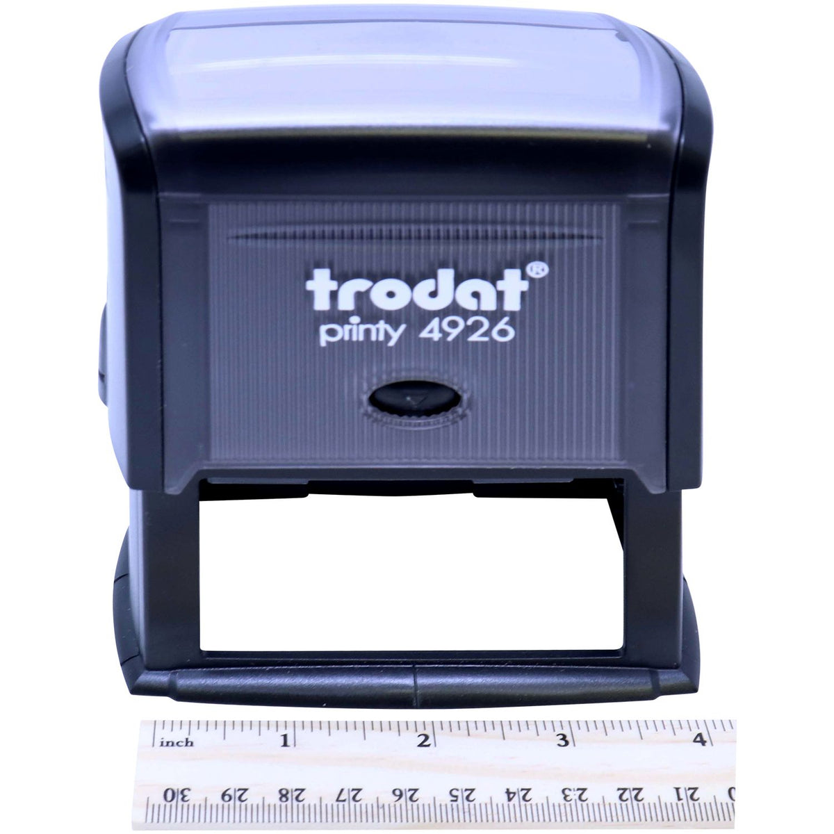Trodat Printy 4926 self-inking rubber stamp with ruler on white background