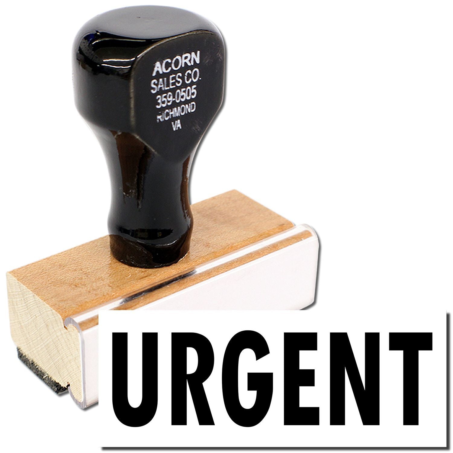 Urgent self-inking rubber stamp with black handle and wooden base