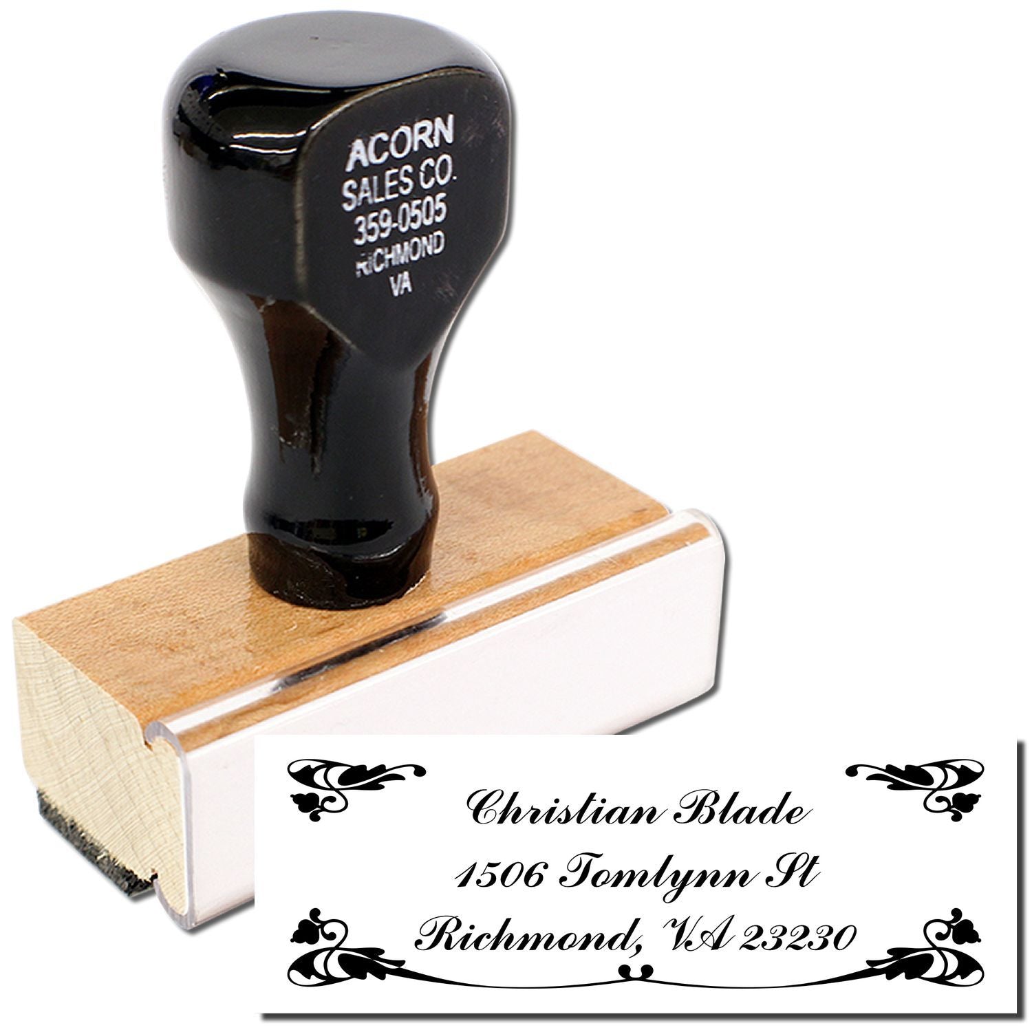 Custom address rubber stamp with self-inking mount, showing personalized return address imprint for business or mailing use.