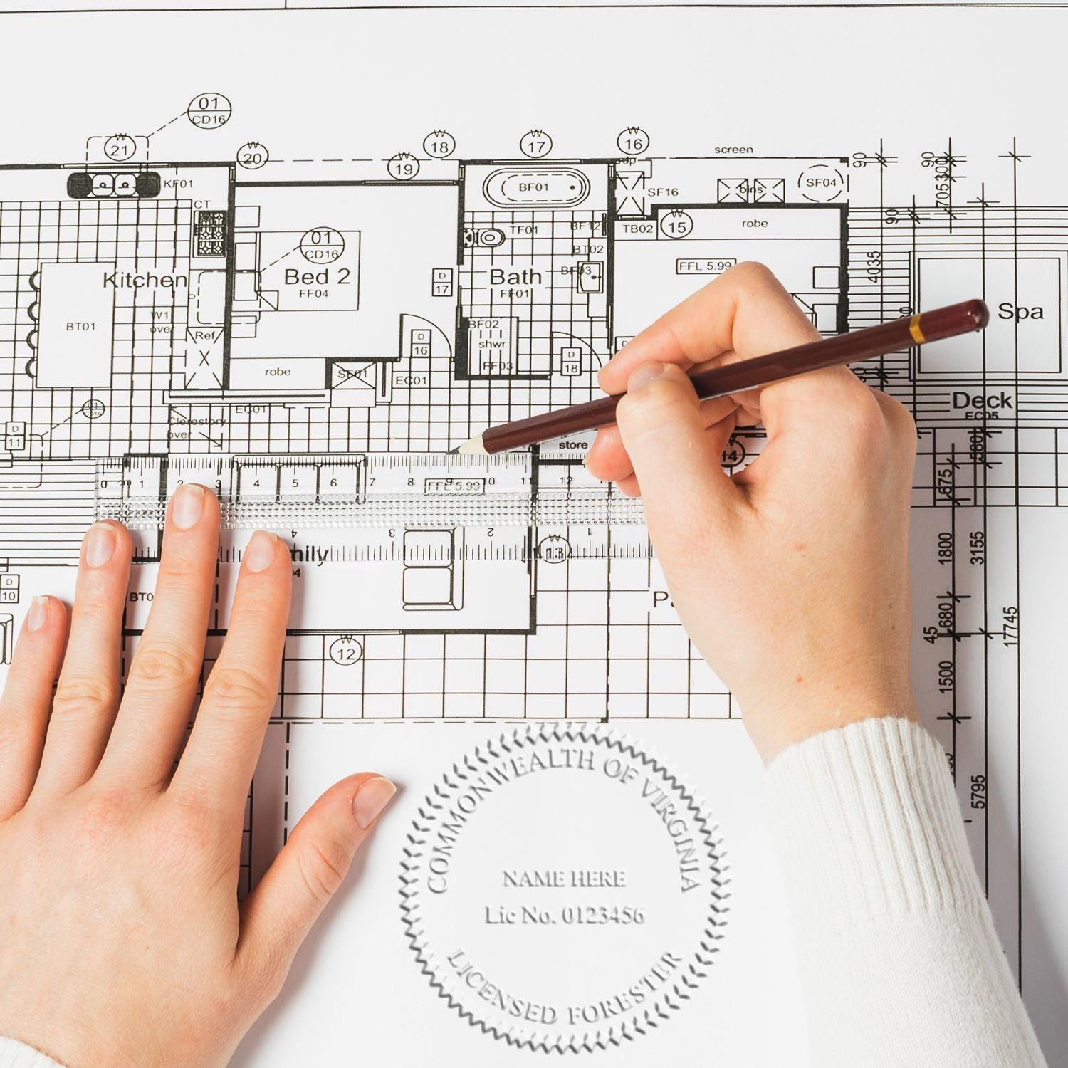 Hands drawing measurements on an architectural floor plan with pencil and ruler, home design blueprint and house renovation planning concept.