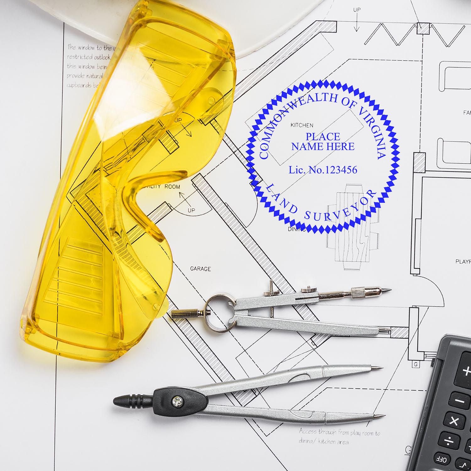 Land surveyor tools, compass, calculator, and blueprint house floor plan with Commonwealth of Virginia land survey stamp on documents.