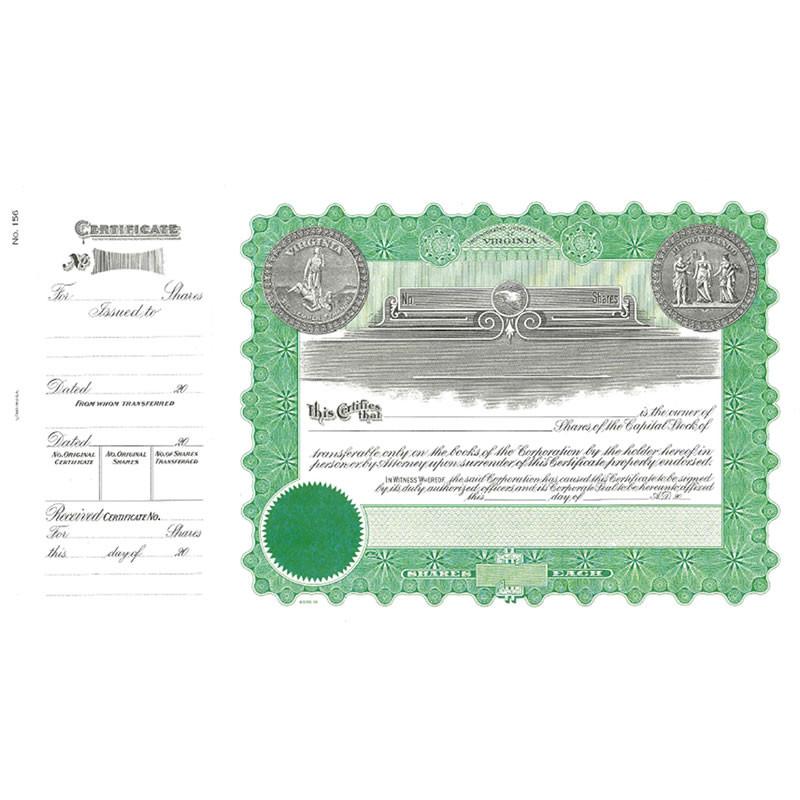 Vintage U.S. stock certificate for shares, featuring ornate green border and official shareholder document details.