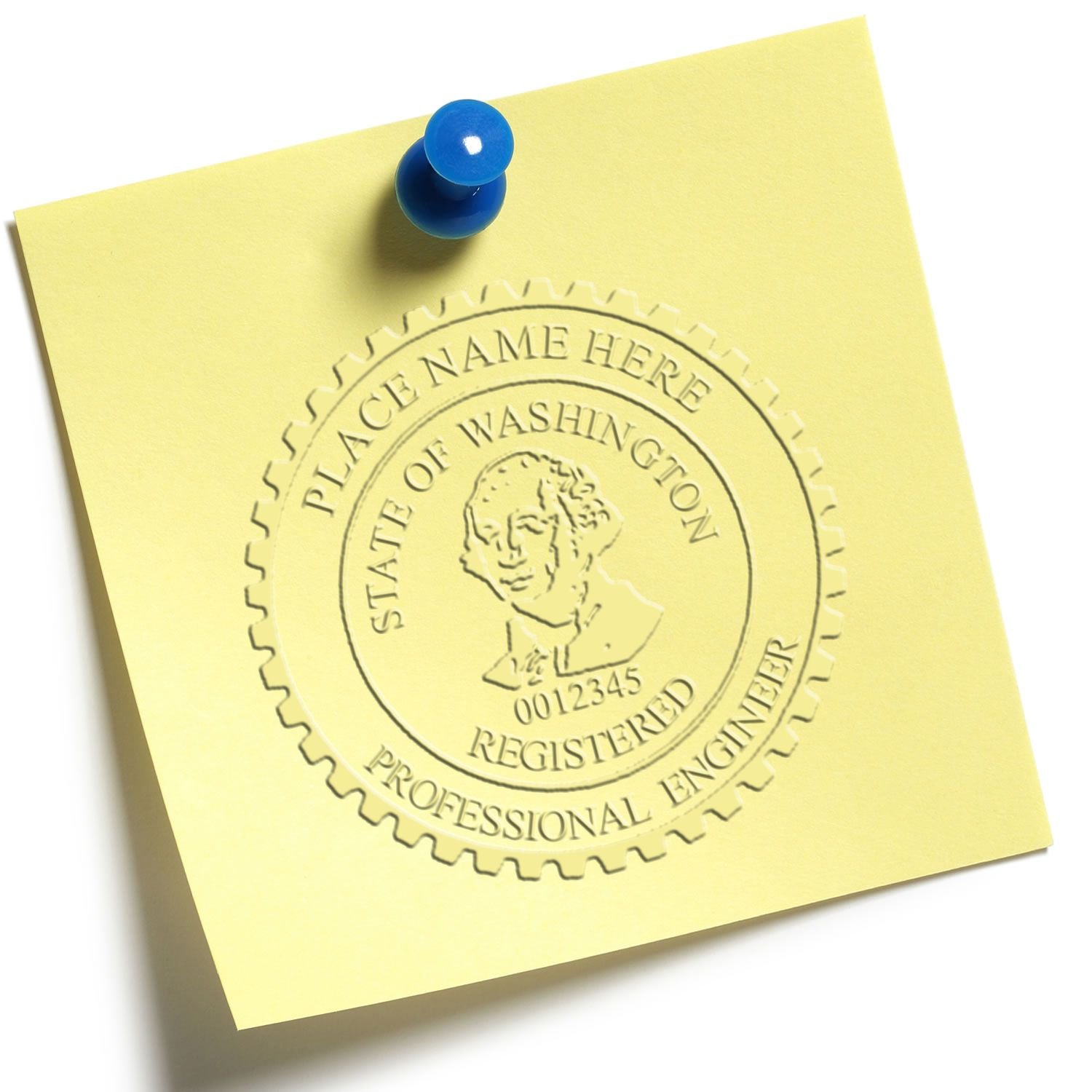 Yellow sticky note with blue pushpin featuring a State of Washington professional engineer registration seal stamp.