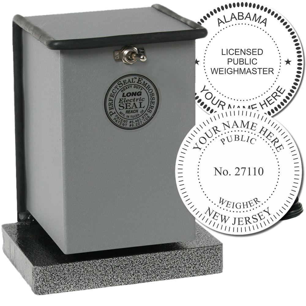Electric seal embosser with custom public weighmaster and weigher stamp samples on display, gray desktop embossing press.