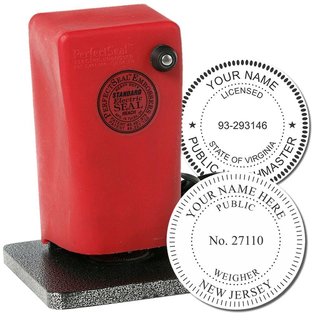 Red electric embossing seal stamp with custom notary public and public weigher seal samples on white background