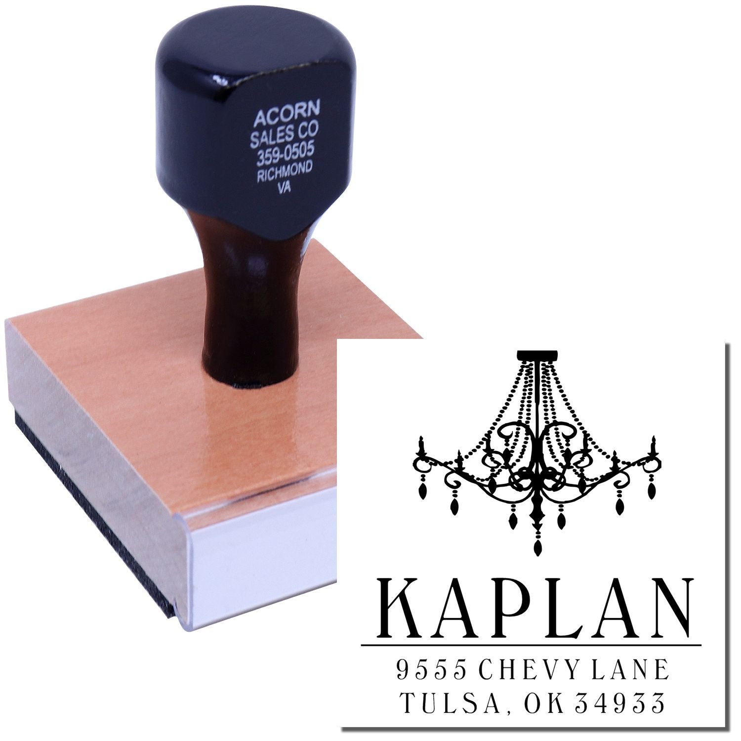 Kaplan custom promotional stamp with Acorn Sales Co branding on box, 9555 Chevy Lane Tulsa OK 34933, phone Acorn Sales Co 359-0505