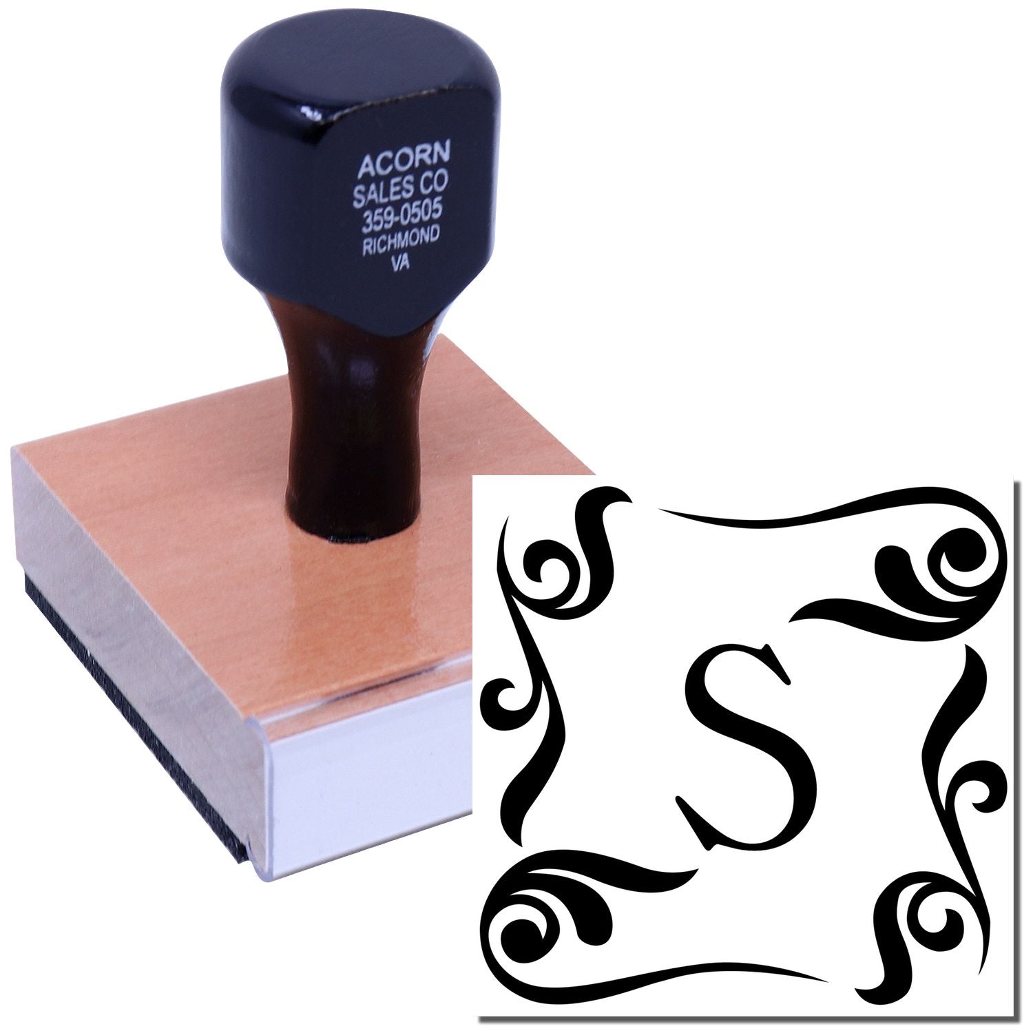 Acorn Sales Co ink stamp with Richmond, VA contact on handle, paired with decorative scroll label graphic for product branding