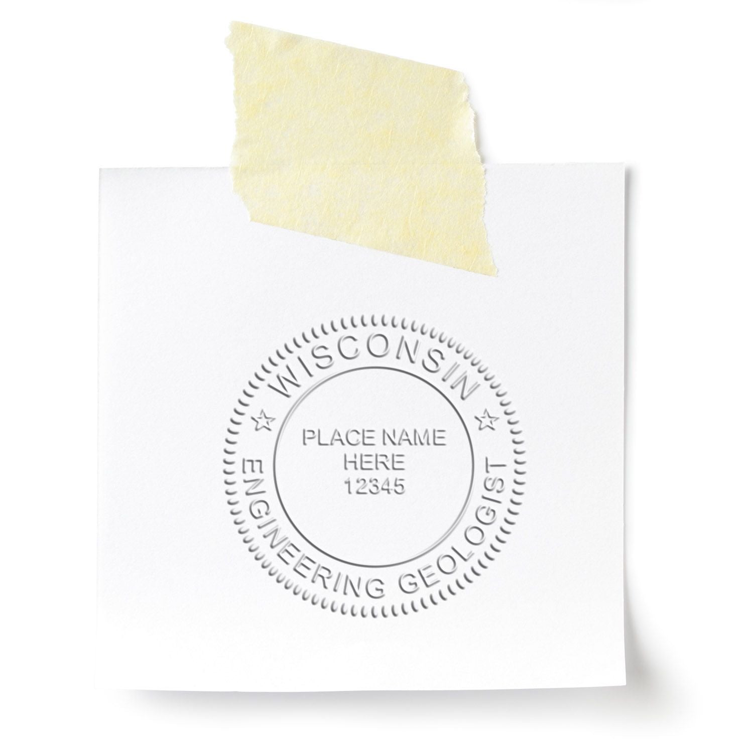 White paper with embossed Wisconsin Engineering Geologist seal and masking tape mockup on a clean background