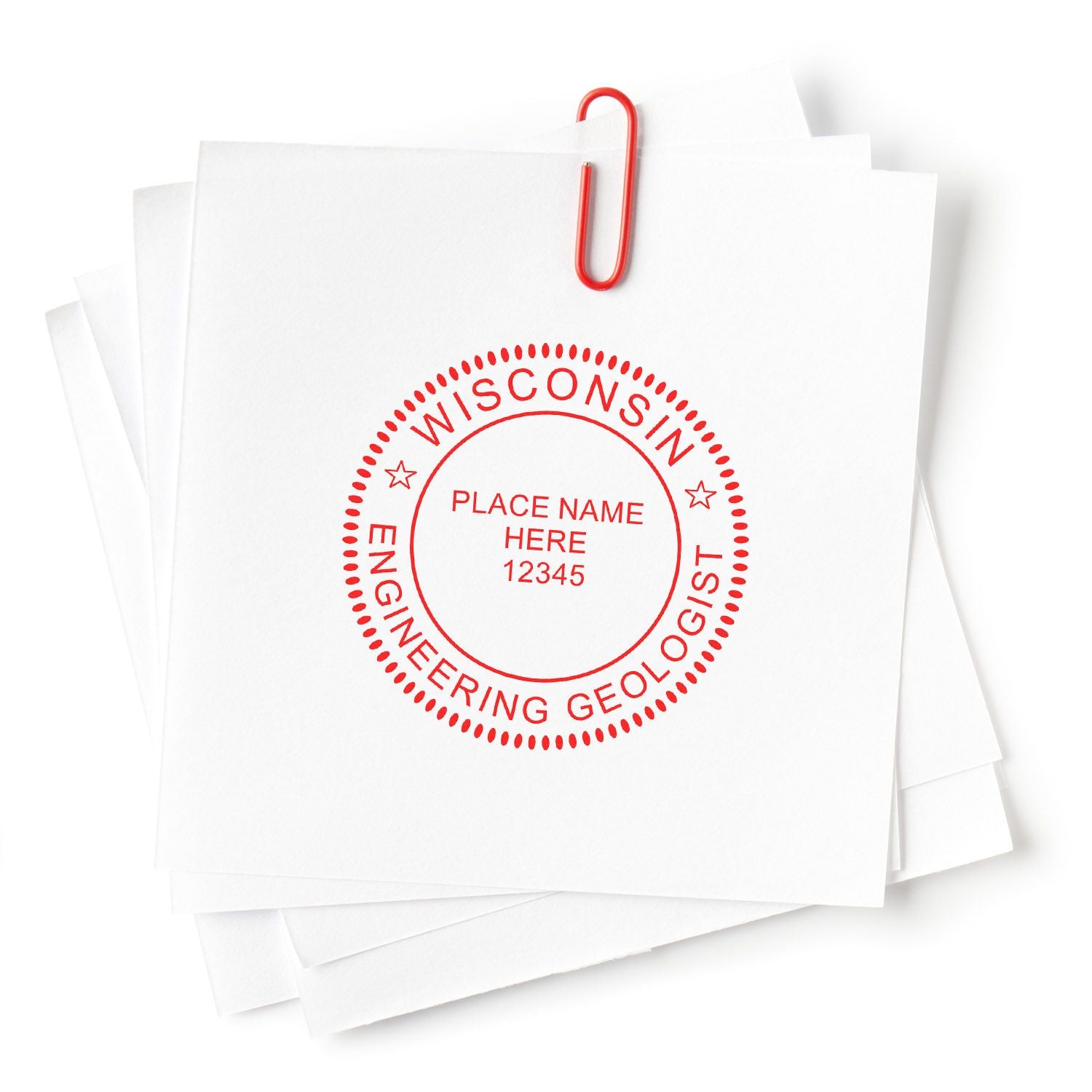 Stack of white papers with red paperclip and Wisconsin engineering geology stamp logo on top, isolated on white background.