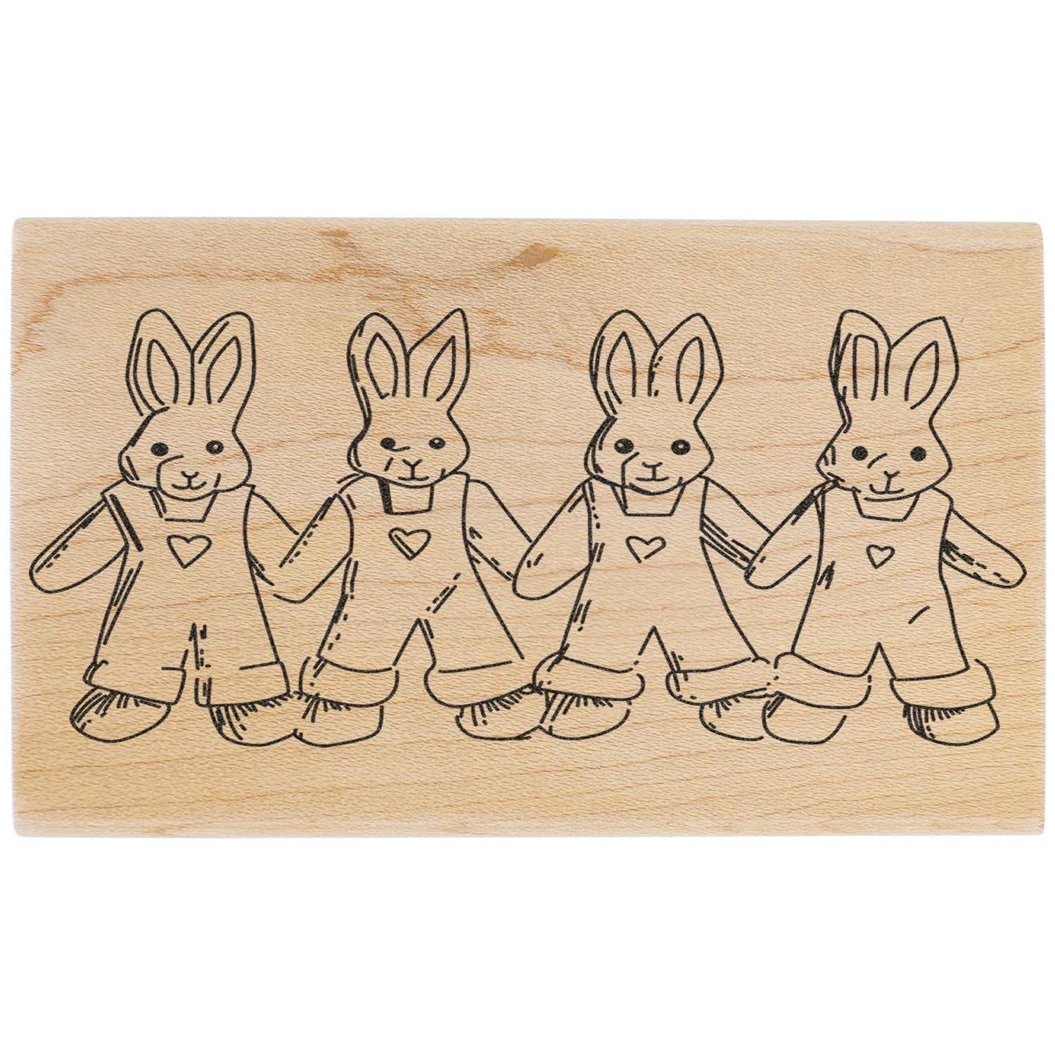 Wooden plaque with four cute bunny rabbits illustration, rustic handmade nursery decor artwork.