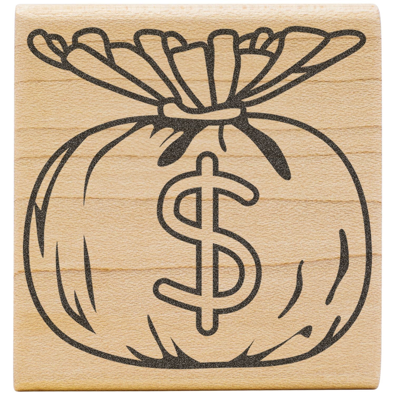 Money bag with dollar sign icon engraved on wooden block, finance and savings symbol