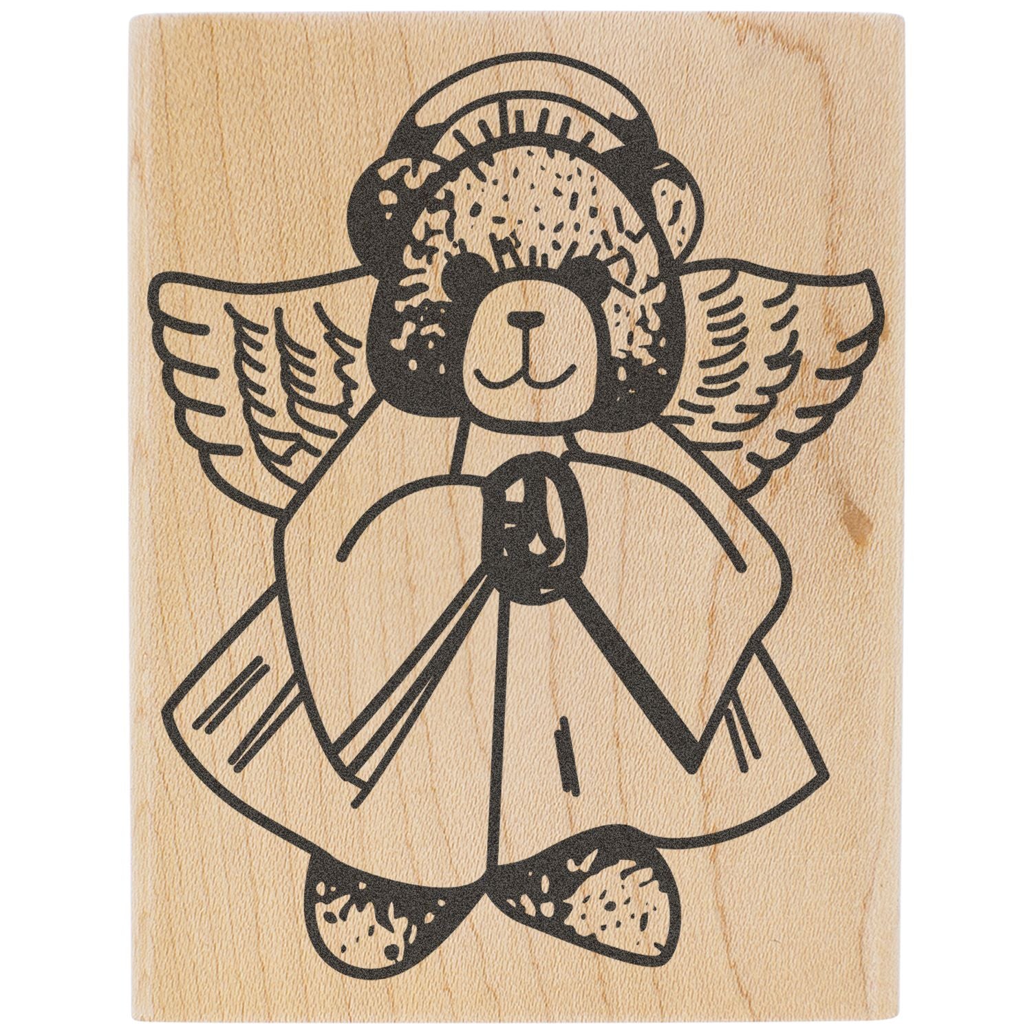 Cute angel teddy bear illustration with wings and halo on a wooden background, black line art design.