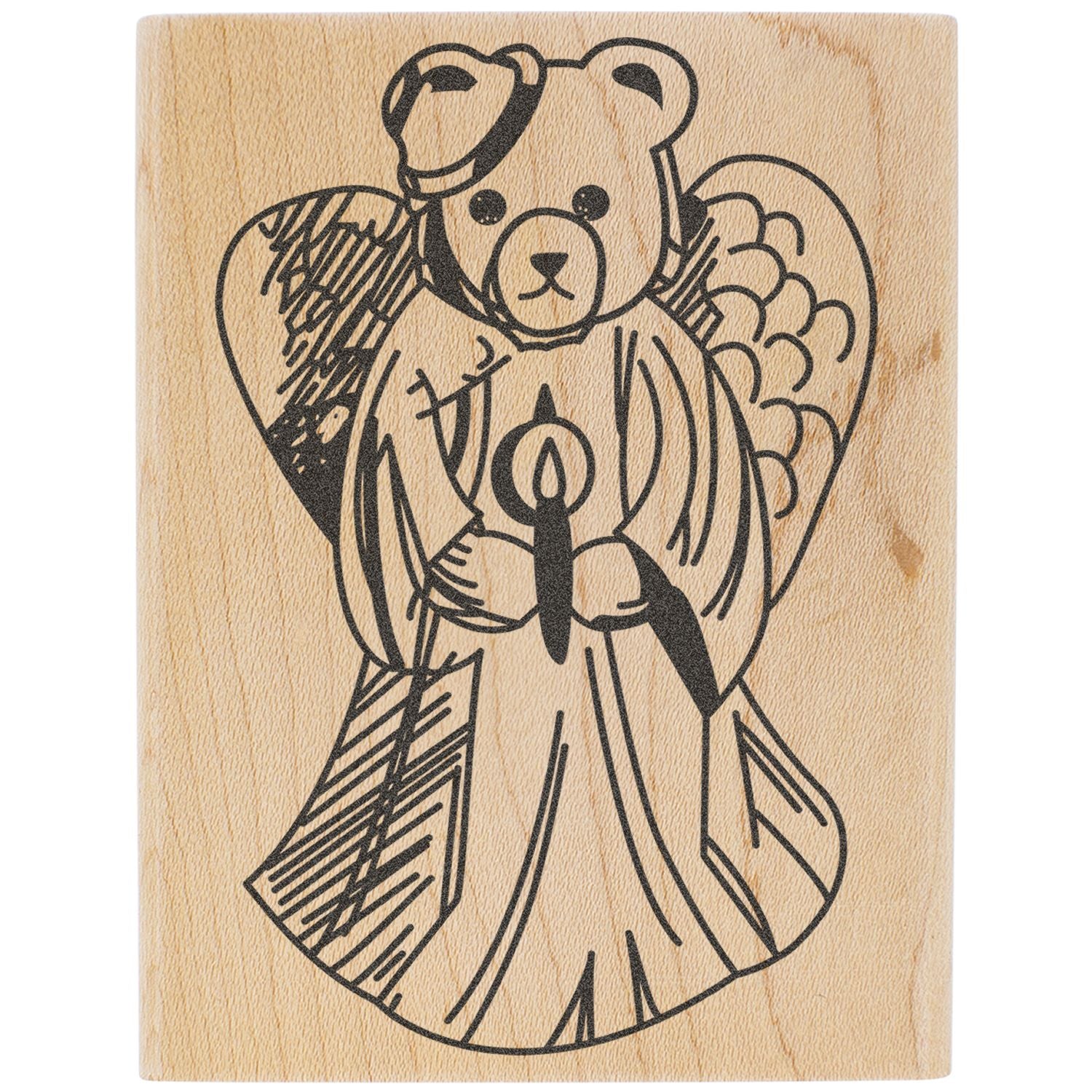 Teddy bear wood engraving illustration on a natural wooden background, black line art decor design