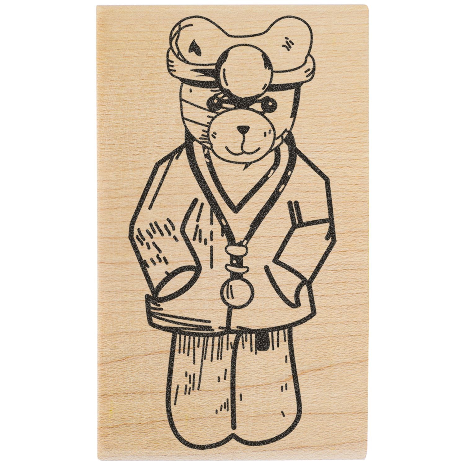 Teddy bear line art on a natural wood background, engraved-style illustration of a bear in a coat.