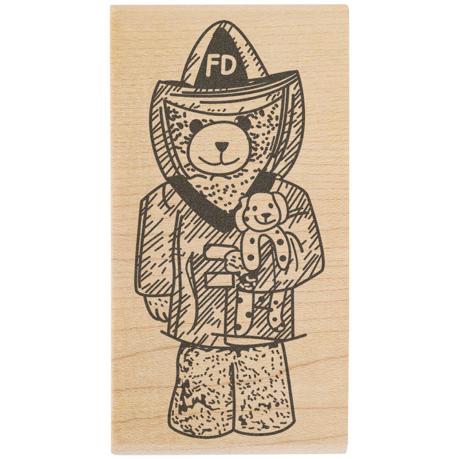 Wooden bear firefighter stamp illustration holding a teddy bear, engraved animal rescue design on natural wood block.