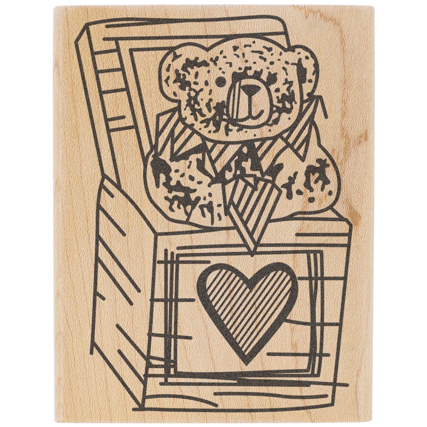 Cute teddy bear in a gift box with a heart, engraved wooden stamp design.