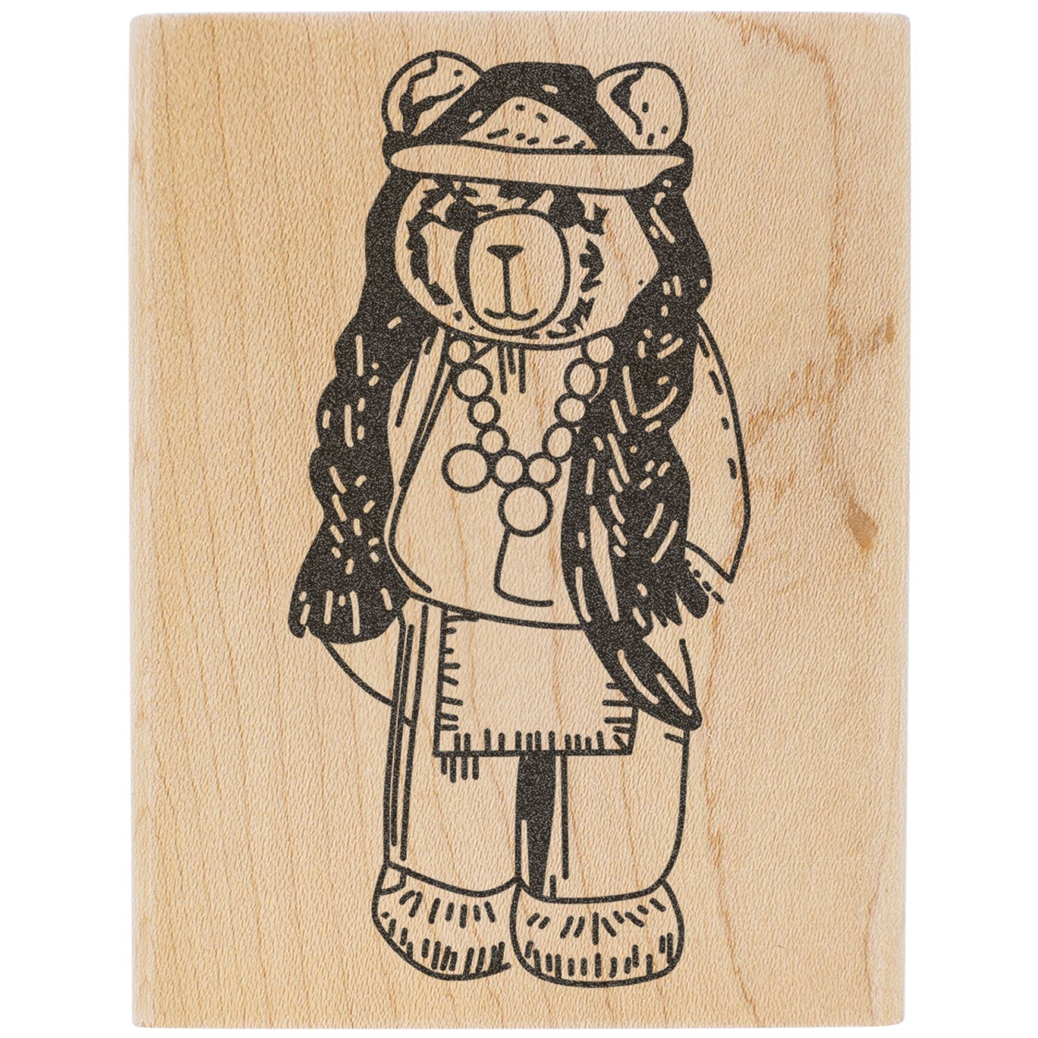 Hand-drawn bear illustration on textured wood, wearing a headband and necklace in a rustic black ink style.