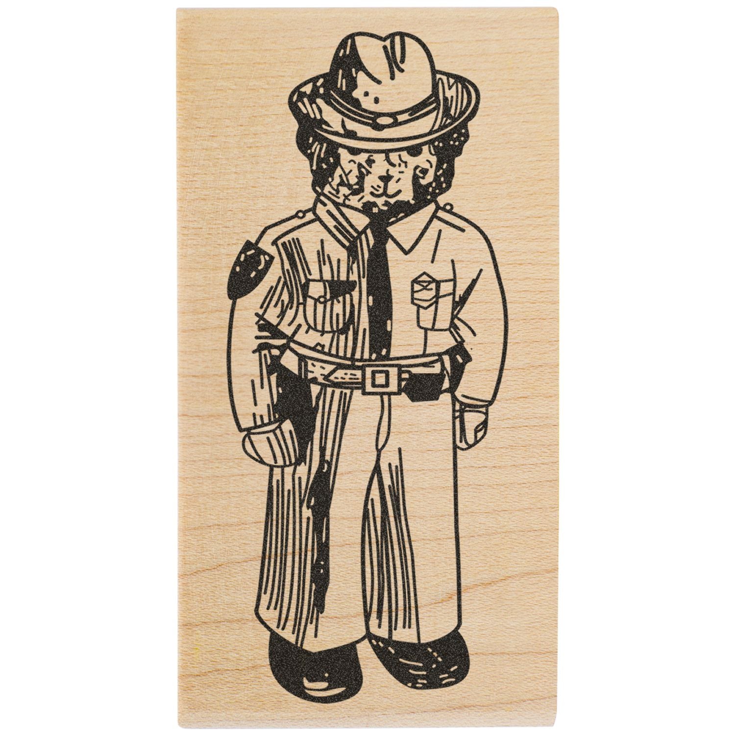 Black ink police officer illustration on a wooden stamp block, vintage law enforcement design.