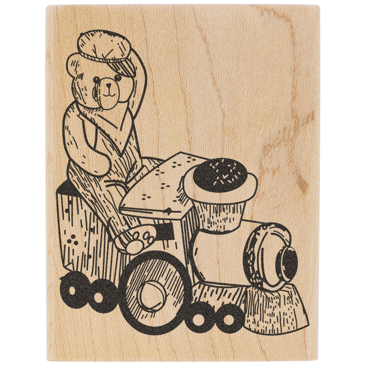 Cute teddy bear wooden toy engraving on light wood background, vintage-style bear illustration with wheels and hat.
