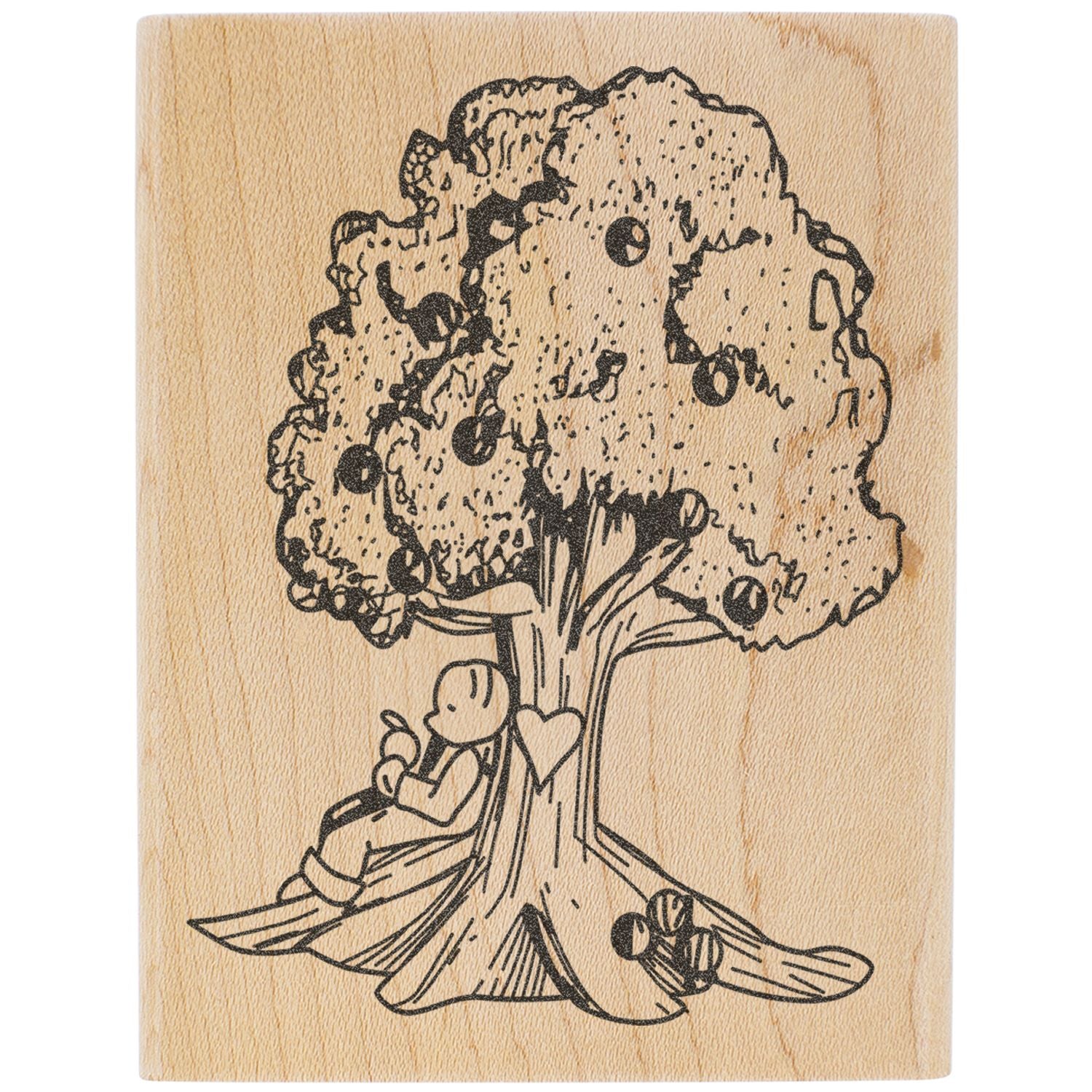 Hand-drawn tree illustration with a person sitting beneath it on a wooden background, nature-inspired art print