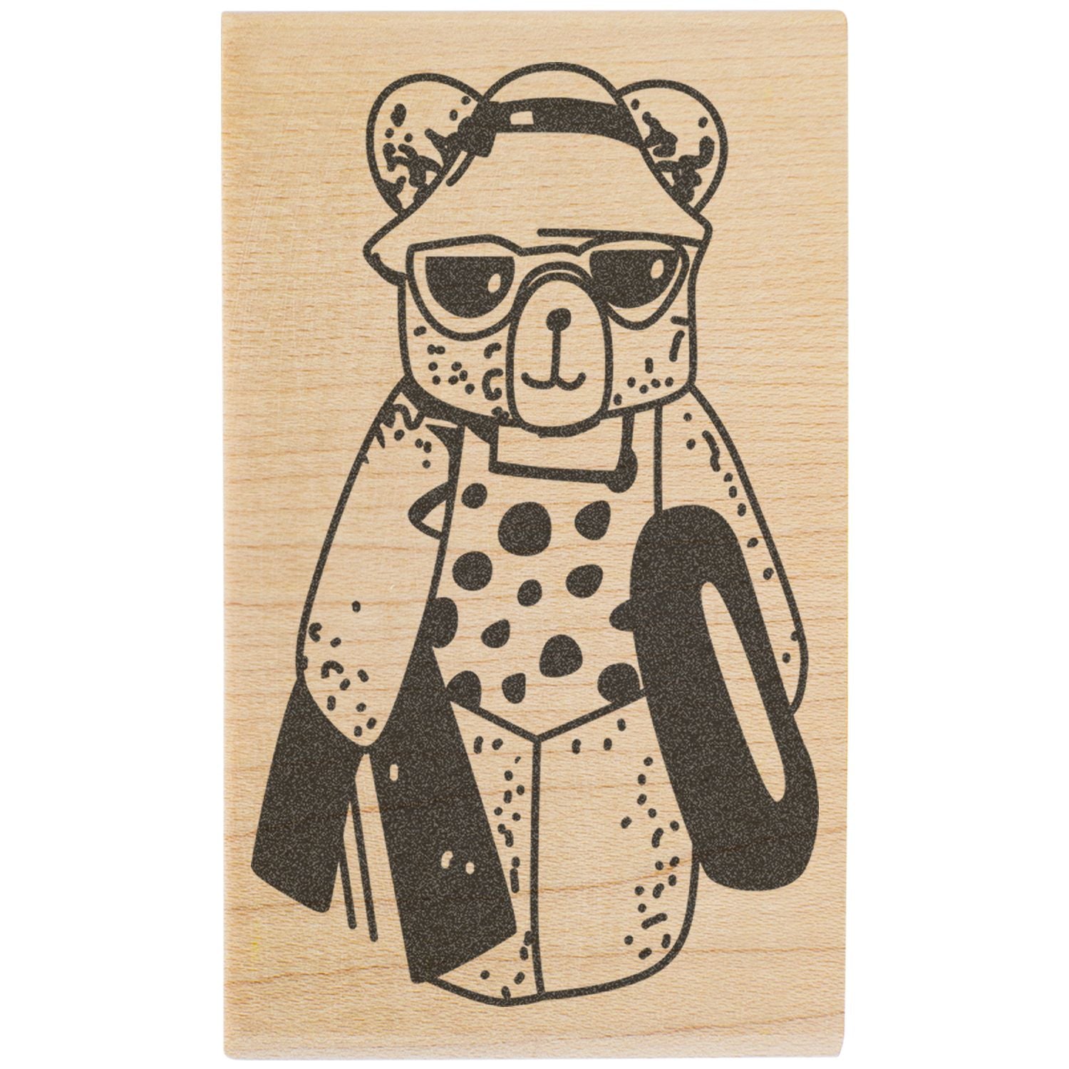 Cute bear wearing sunglasses and a hat on a wooden stamp design.