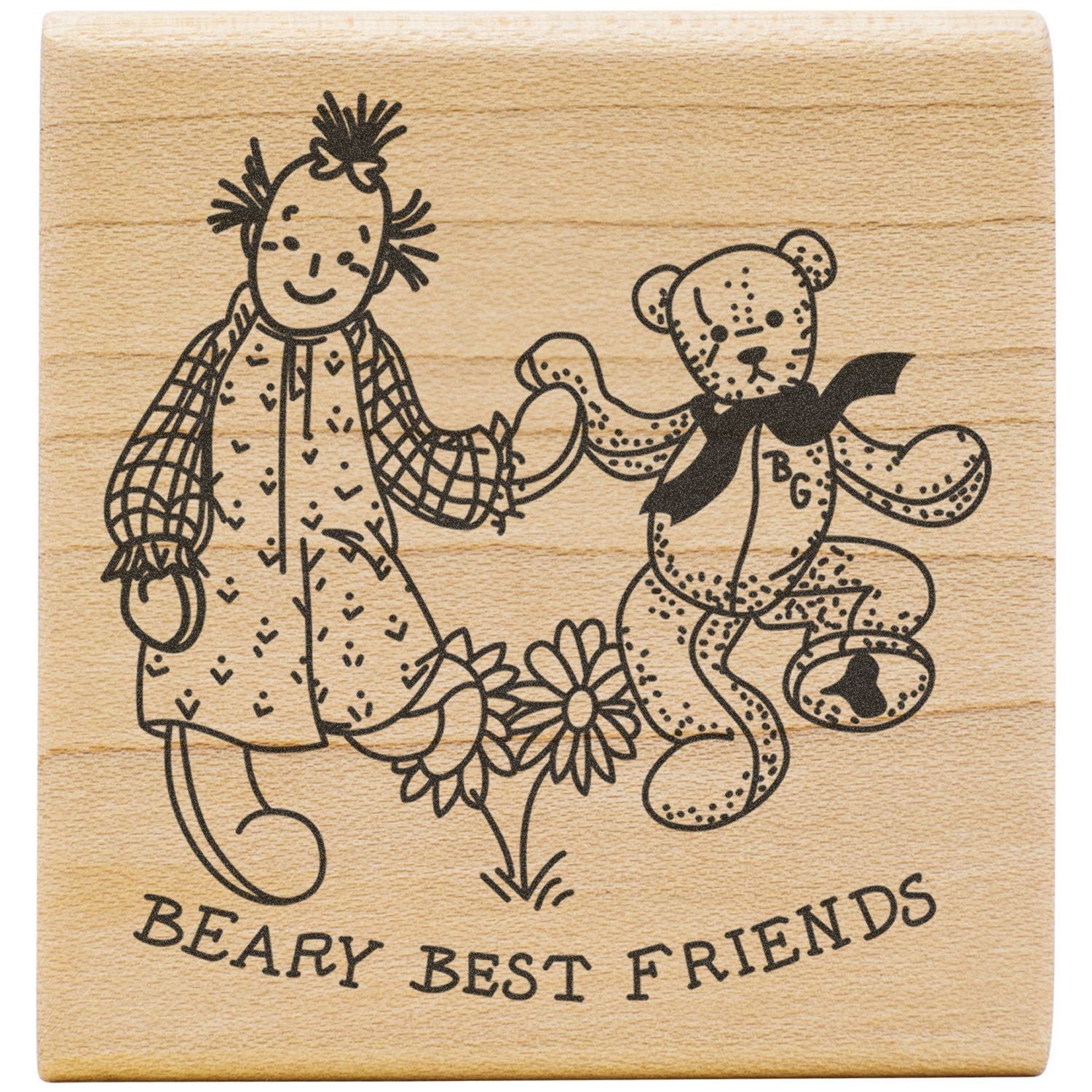 Wooden Beary Best Friends stamp with girl and teddy bear holding hands, cute friendship design on natural wood background.