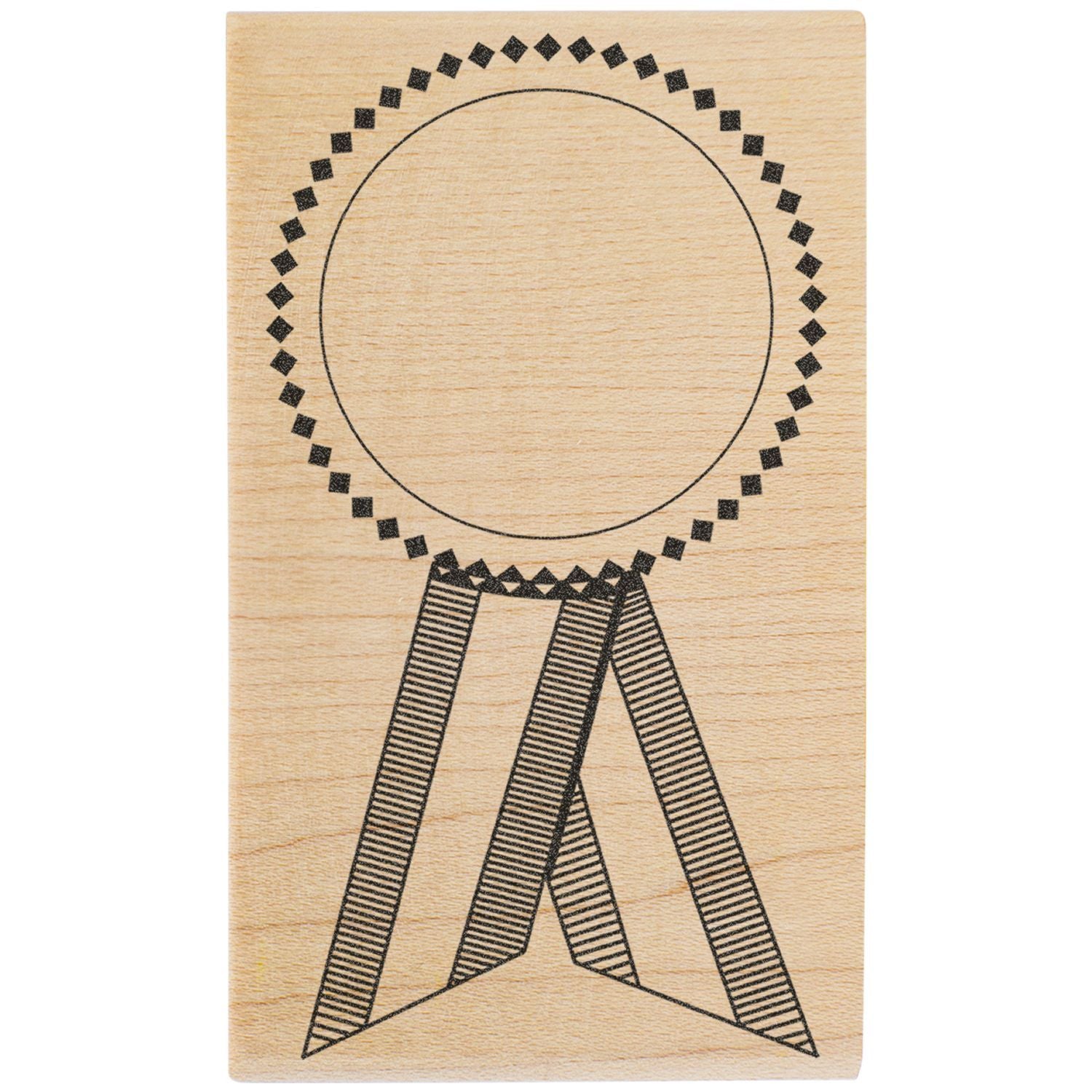 Wooden stamp with blank award ribbon badge icon illustration on a light wood background.