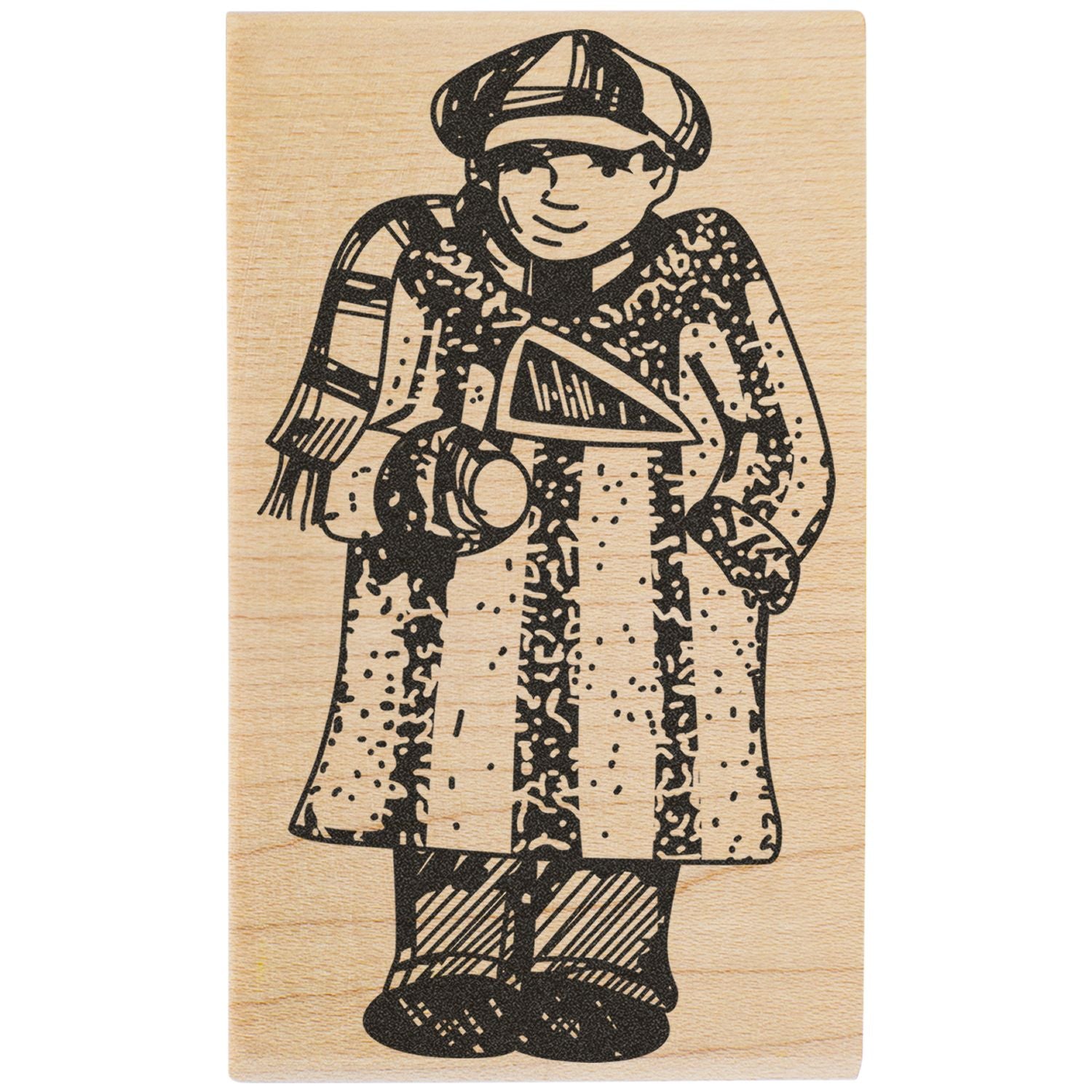 Wooden stamp-style illustration of a child in a winter coat and cap holding a lantern on a light wood background