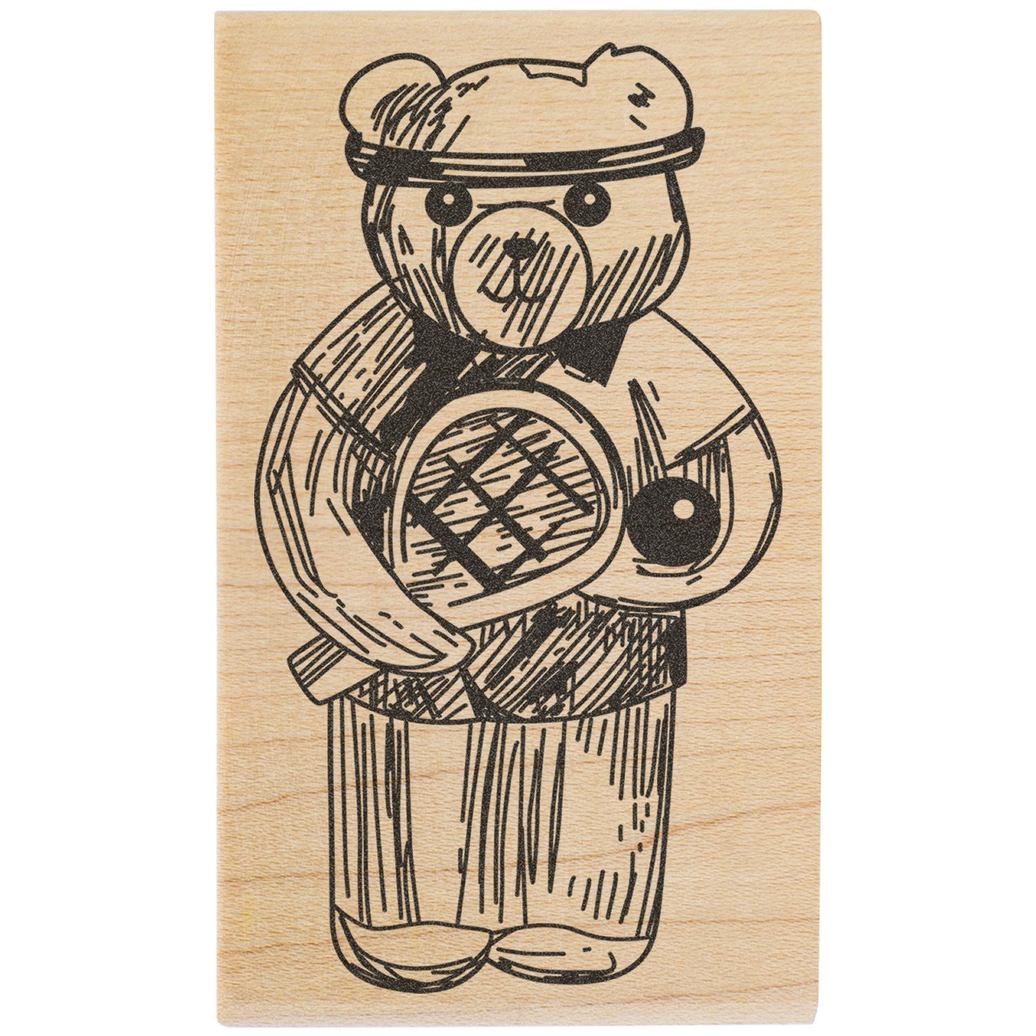 Wooden teddy bear engraving illustration with headband, cute vintage-style bear design on natural wood background