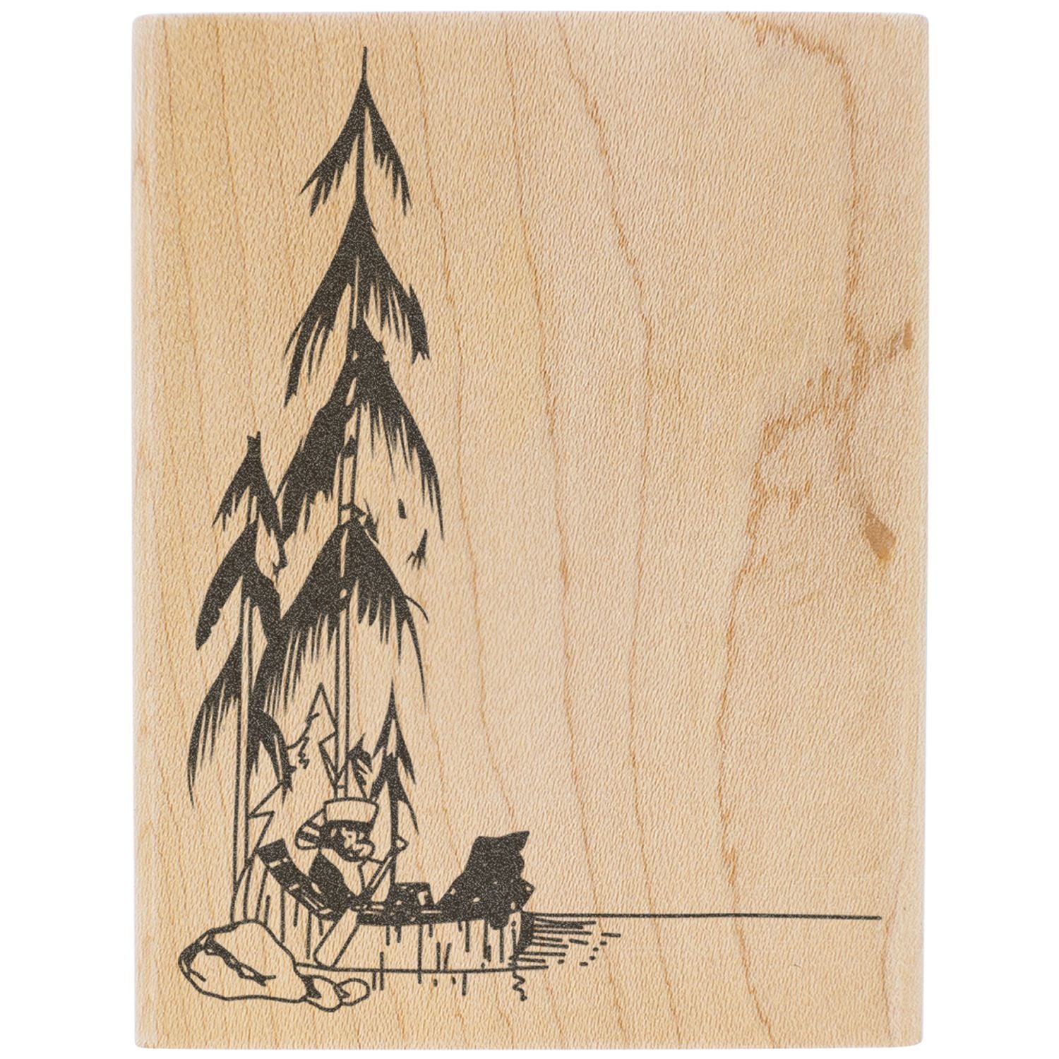 Rustic wooden plaque with engraved pine trees and a minimalist camping scene illustration