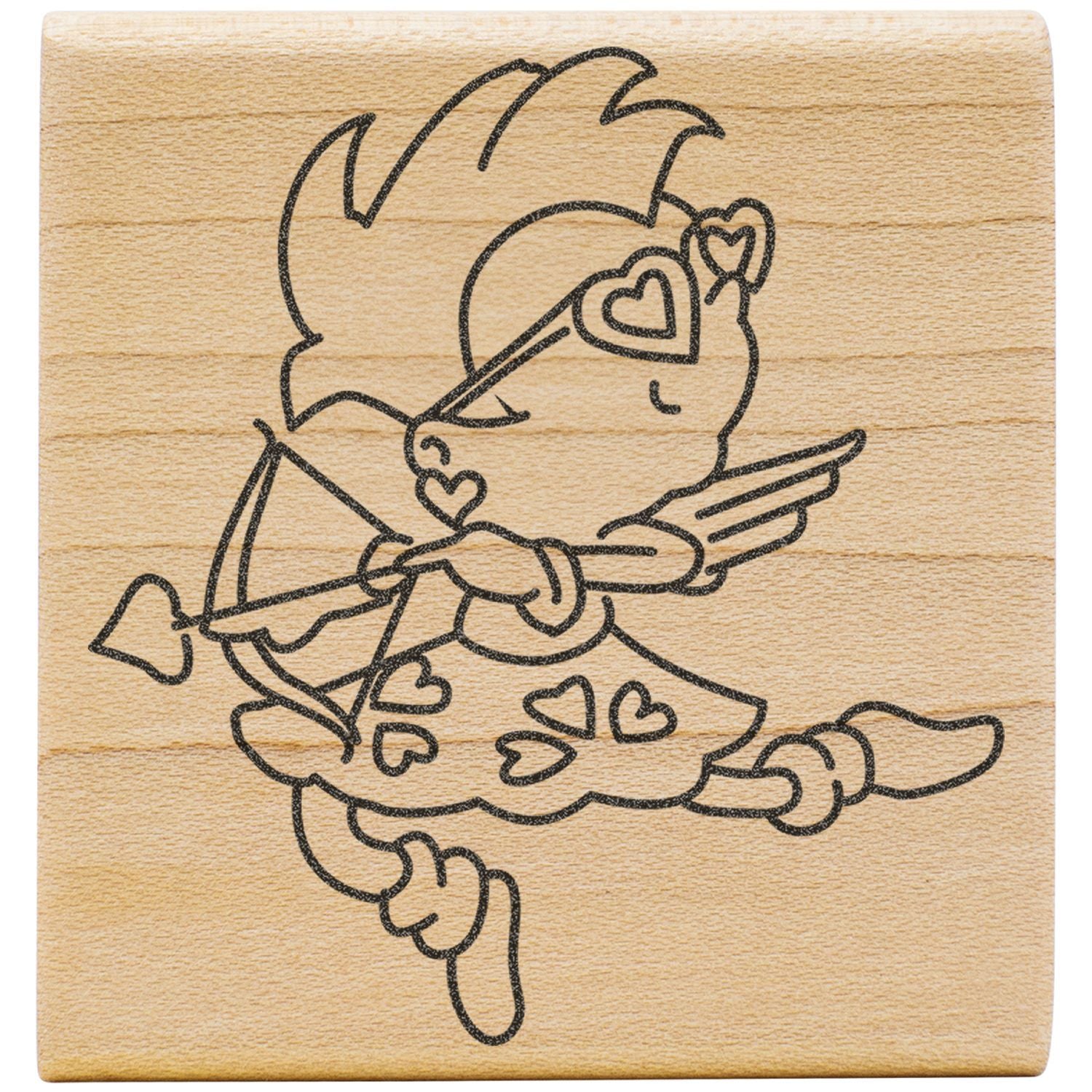 Cute Cupid Valentines Day wooden stamp with heart arrows on a natural wood background