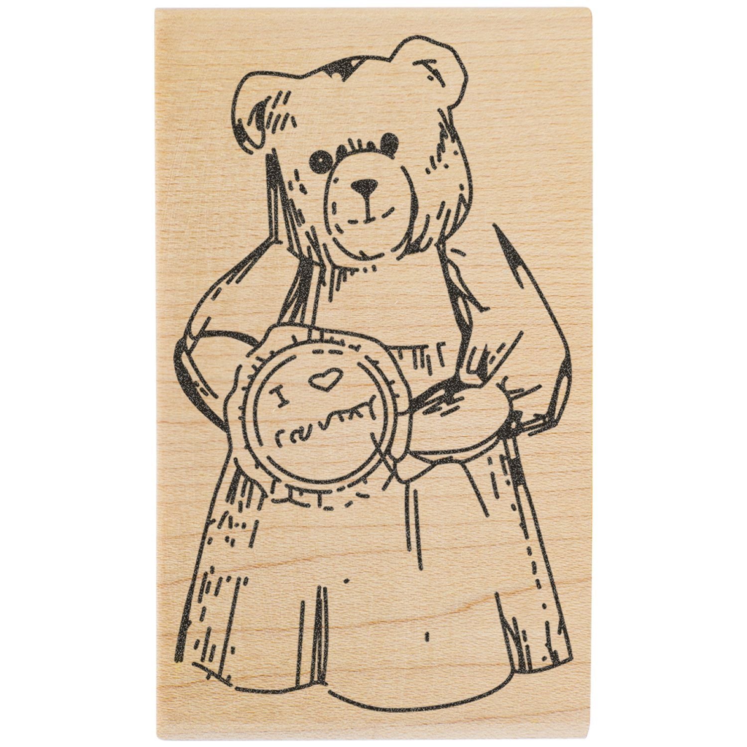 Cute teddy bear rubber stamp design on a wooden block, black line art illustration