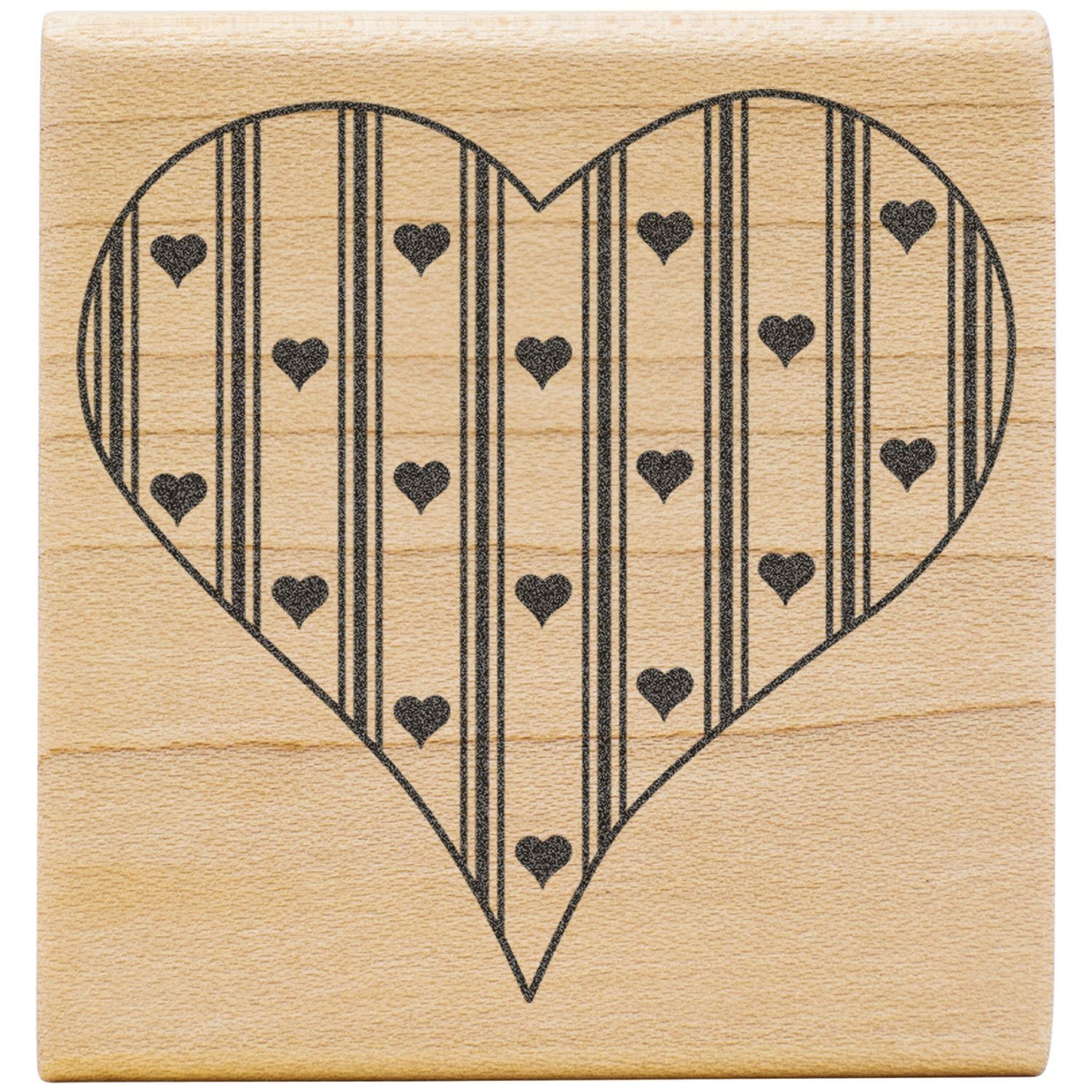 Decorative striped heart design with small hearts on a wooden background.