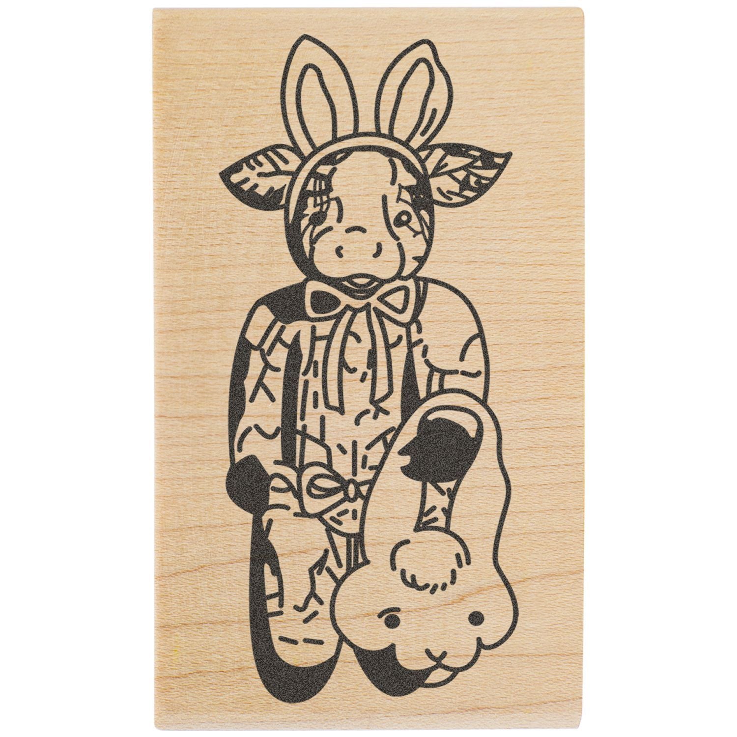 Wooden engraved cute bunny cow illustration on a natural wood plaque