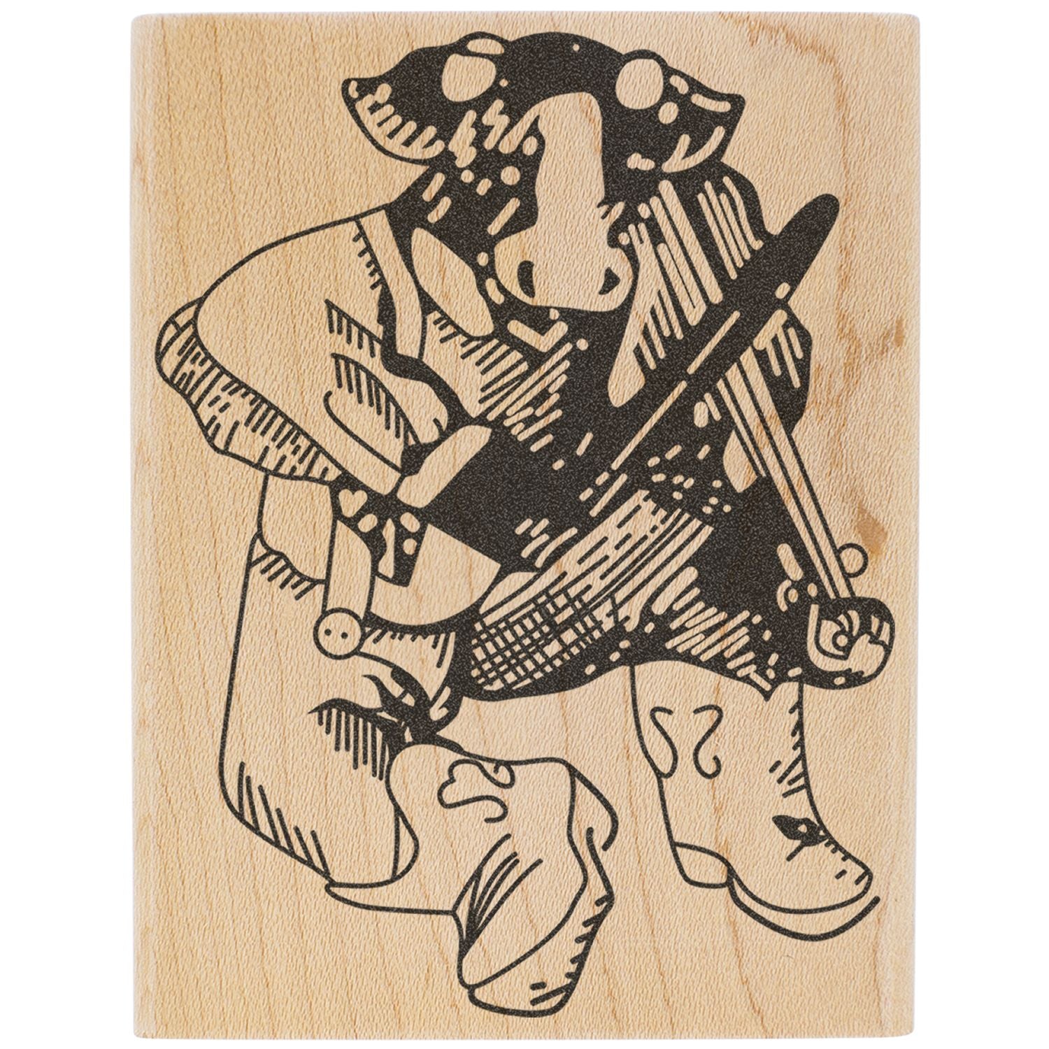 Wooden rubber stamp with stylized dog illustration, vintage pet art design on a natural wood block.