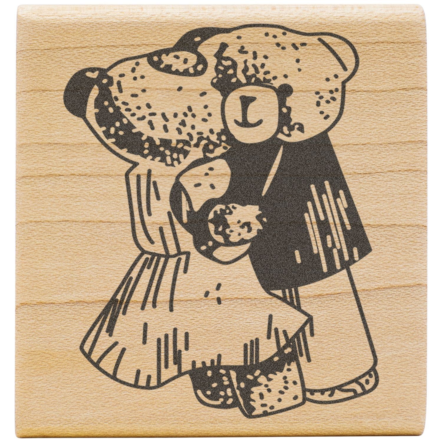 Wooden teddy bear stamp with cute bear illustration on natural wood block