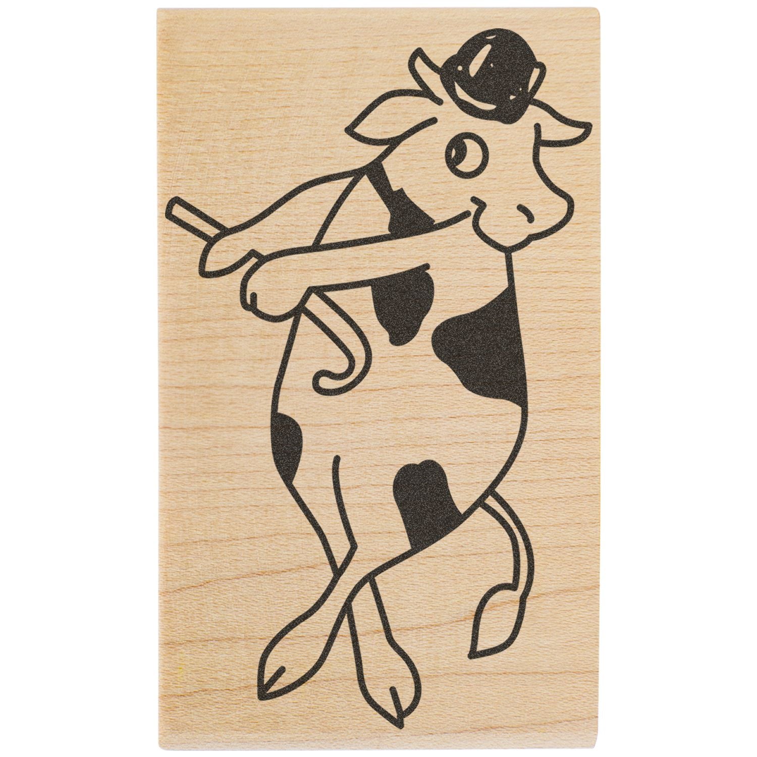 Cow illustration engraved on a wooden block, black line art farm animal design on natural wood background.