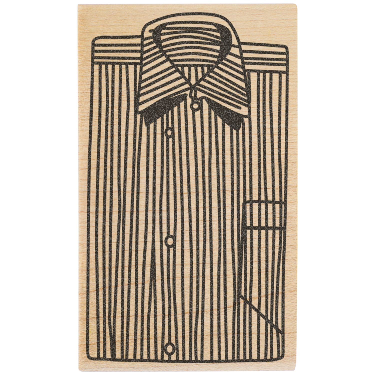 Woodblock print of a striped button-up shirt with bow tie, black line art on wood background.